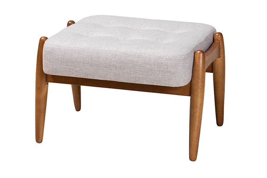 Jeanine Japandi Greyish Beige Fabric and Walnut Brown Finished Wood Ottoman Footstool FredCo