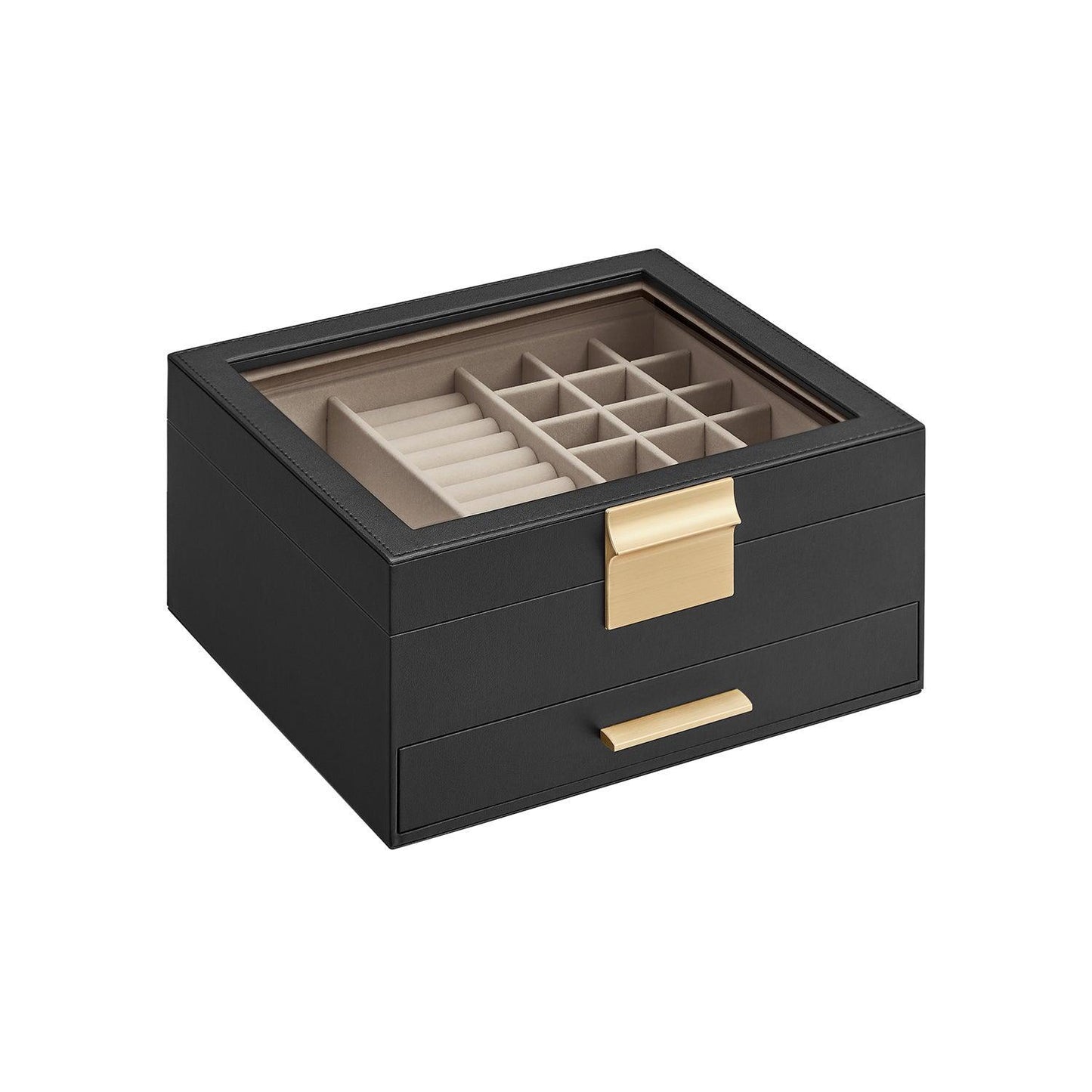 Jewelry Box with Glass Lid, 2-Layer Jewelry Organizer, 1 Drawers FredCo
