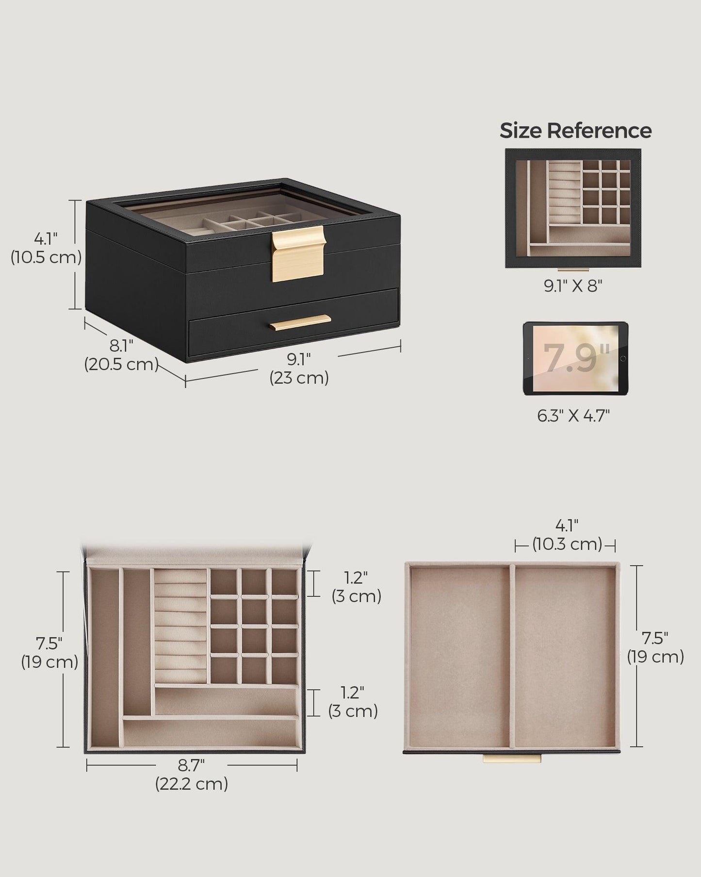 Jewelry Box with Glass Lid, 2-Layer Jewelry Organizer, 1 Drawers FredCo