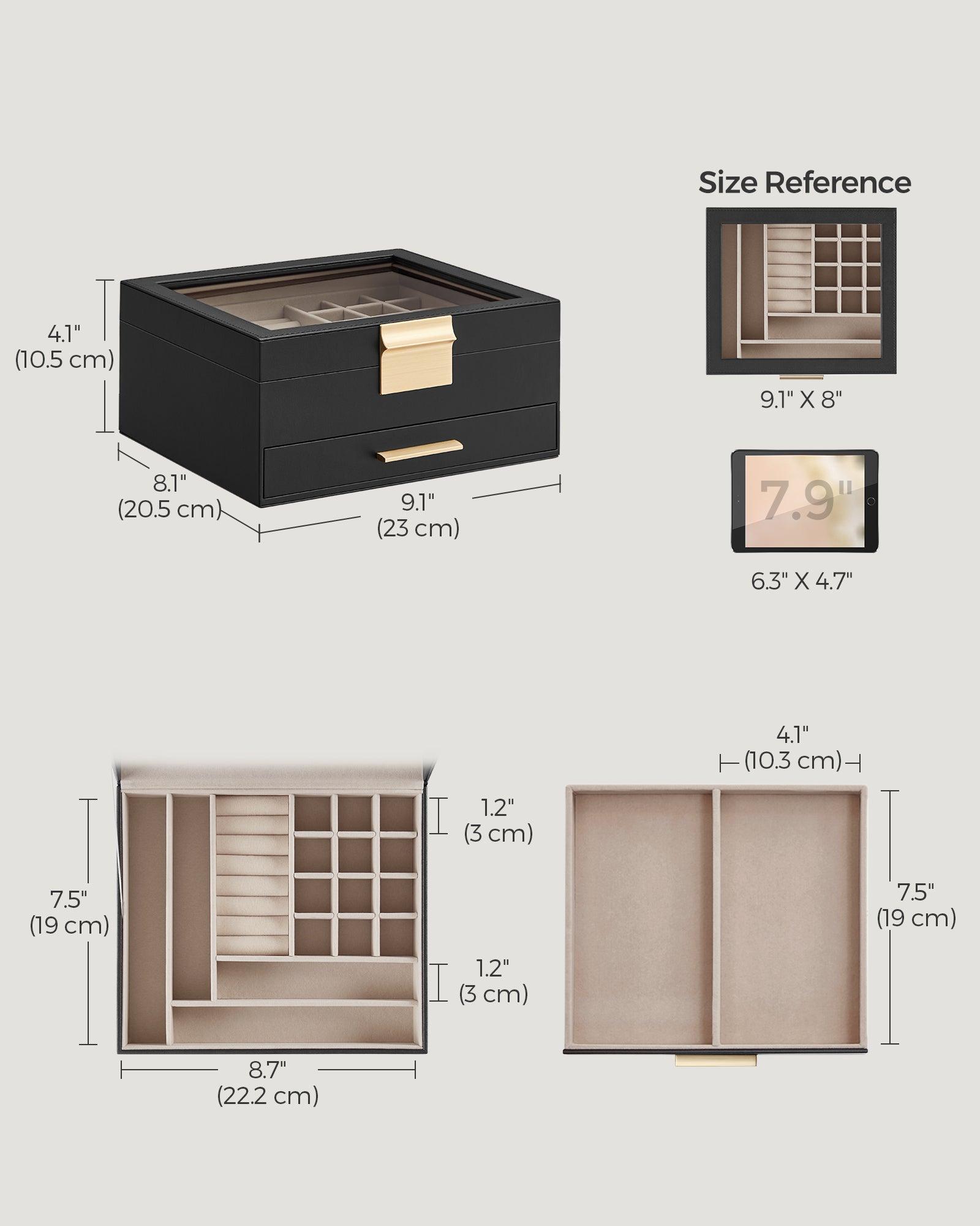Jewelry Box with Glass Lid, 2-Layer Jewelry Organizer, 1 Drawers FredCo