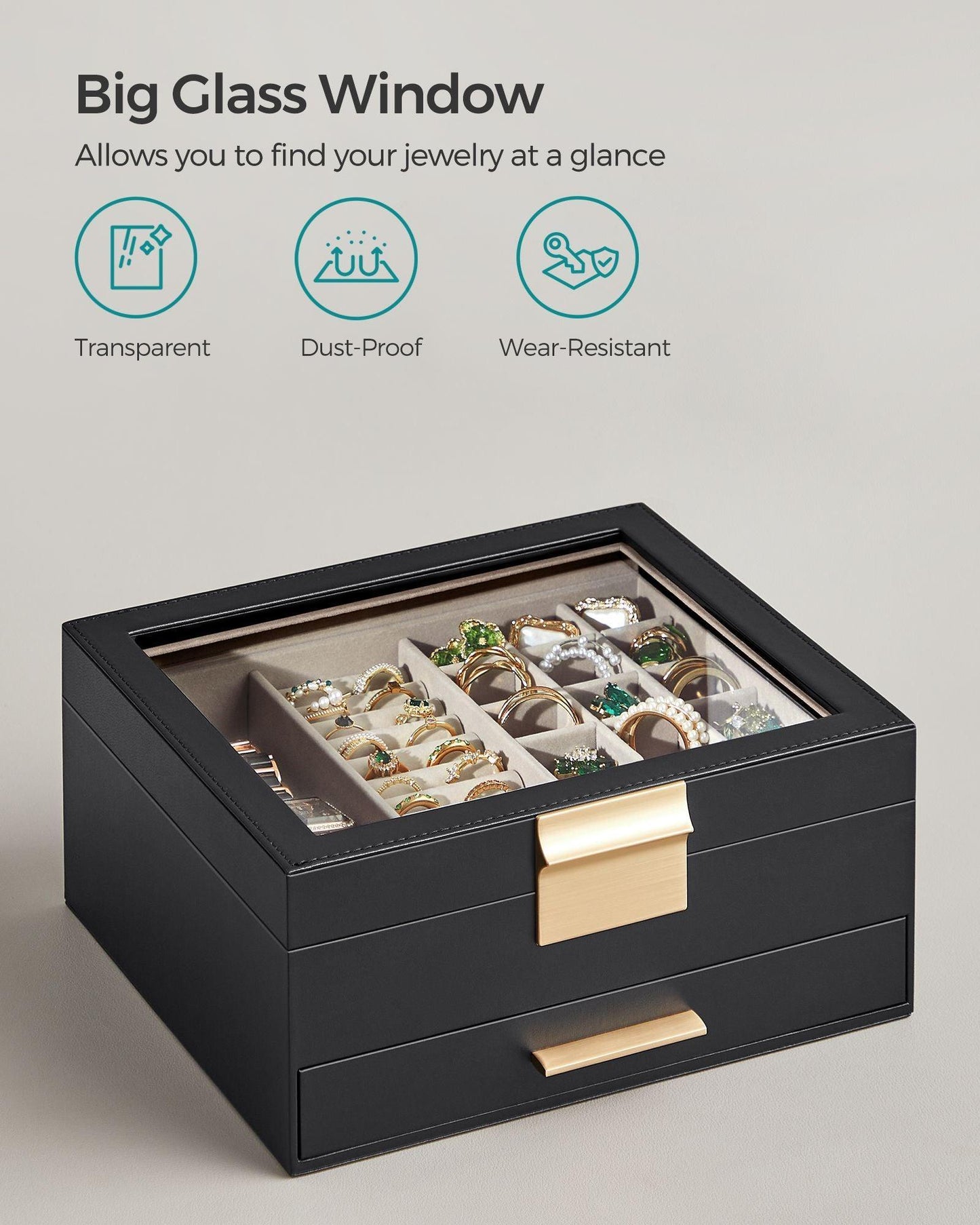 Jewelry Box with Glass Lid, 2-Layer Jewelry Organizer, 1 Drawers FredCo