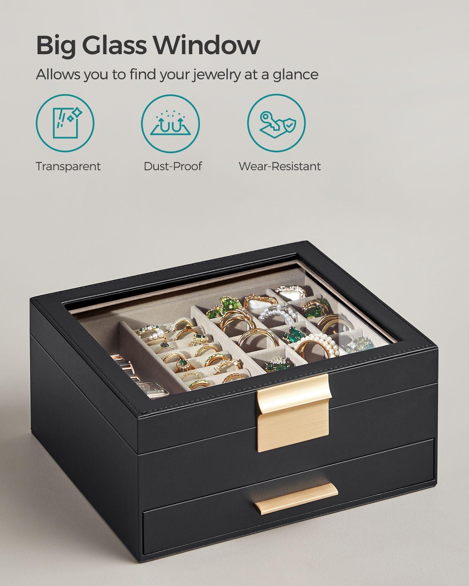 Jewelry Box with Glass Lid, 2-Layer Jewelry Organizer, 1 Drawers FredCo