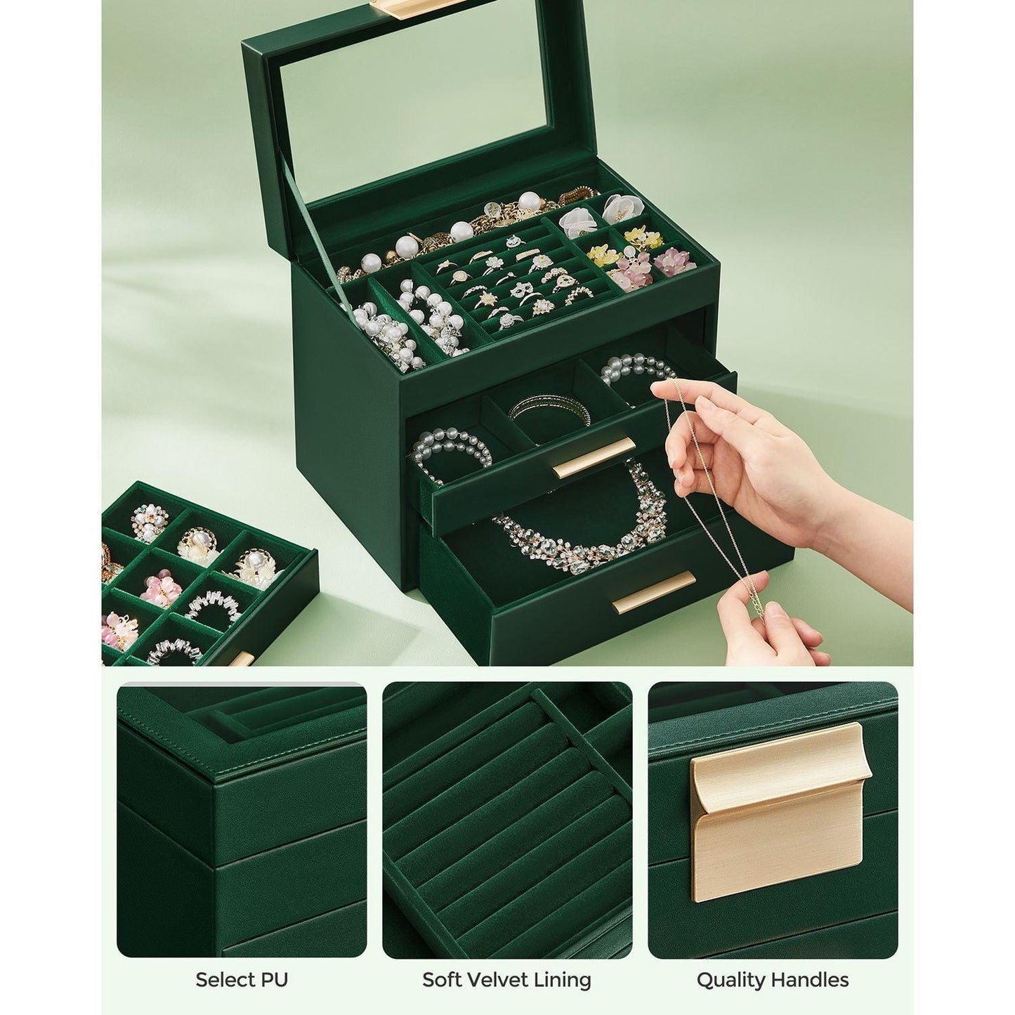 Jewelry Box with Glass Lid, 4-Layer Jewelry Organizer, 3 Drawers FredCo