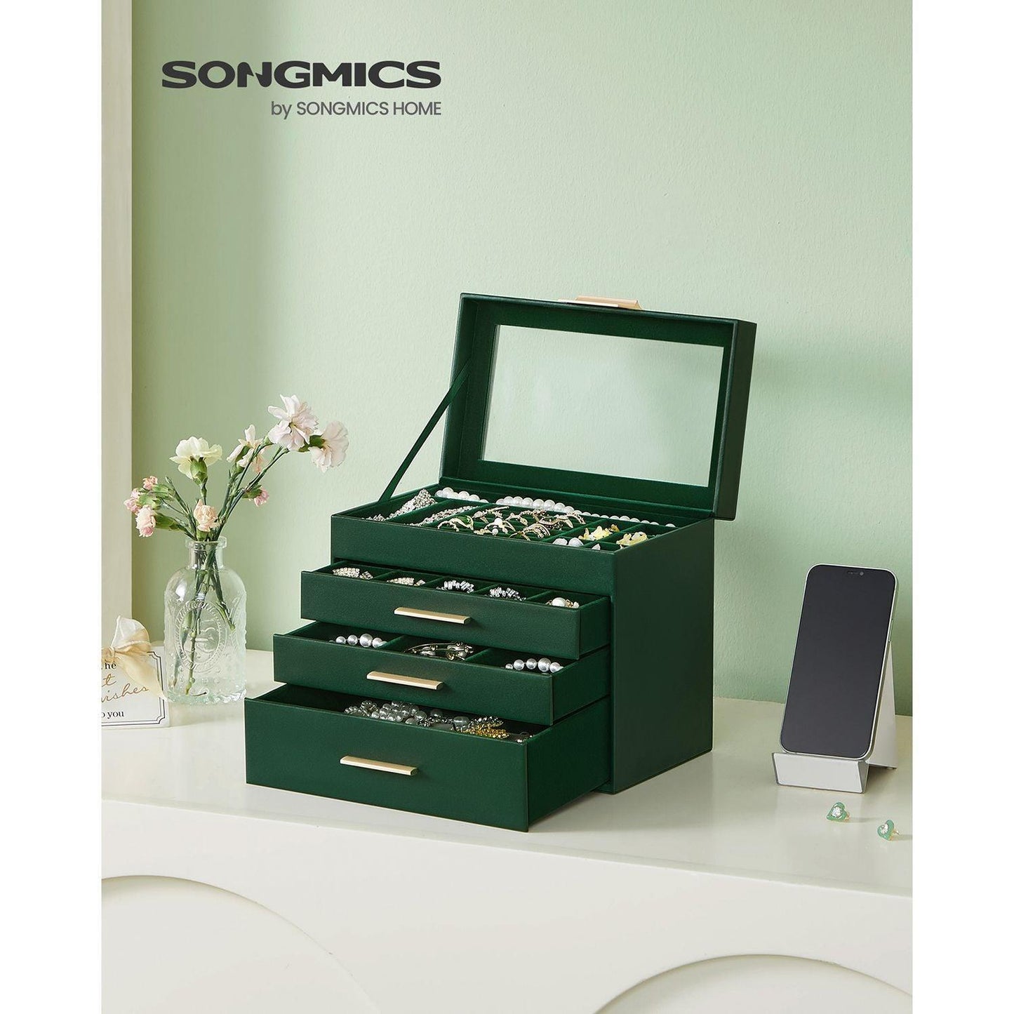 Jewelry Box with Glass Lid, 4-Layer Jewelry Organizer, 3 Drawers FredCo