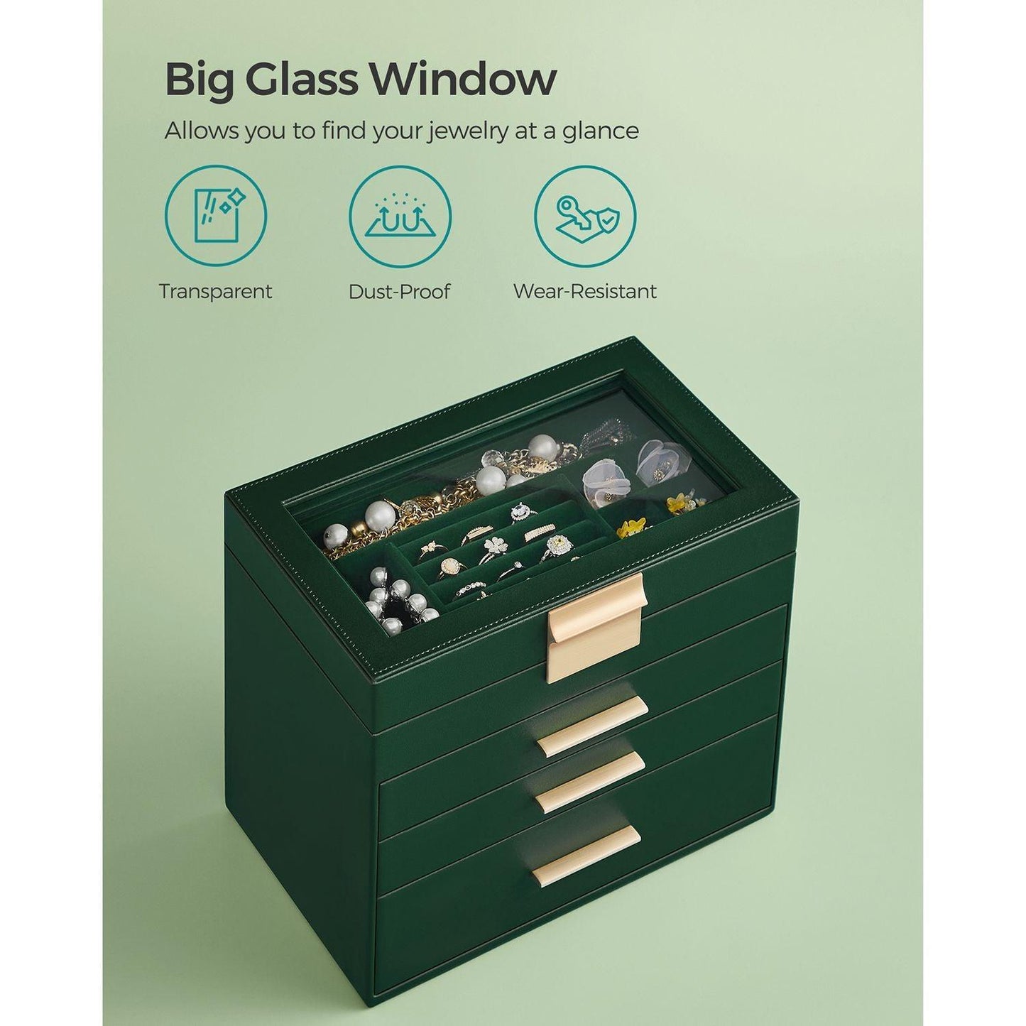 Jewelry Box with Glass Lid, 4-Layer Jewelry Organizer, 3 Drawers FredCo