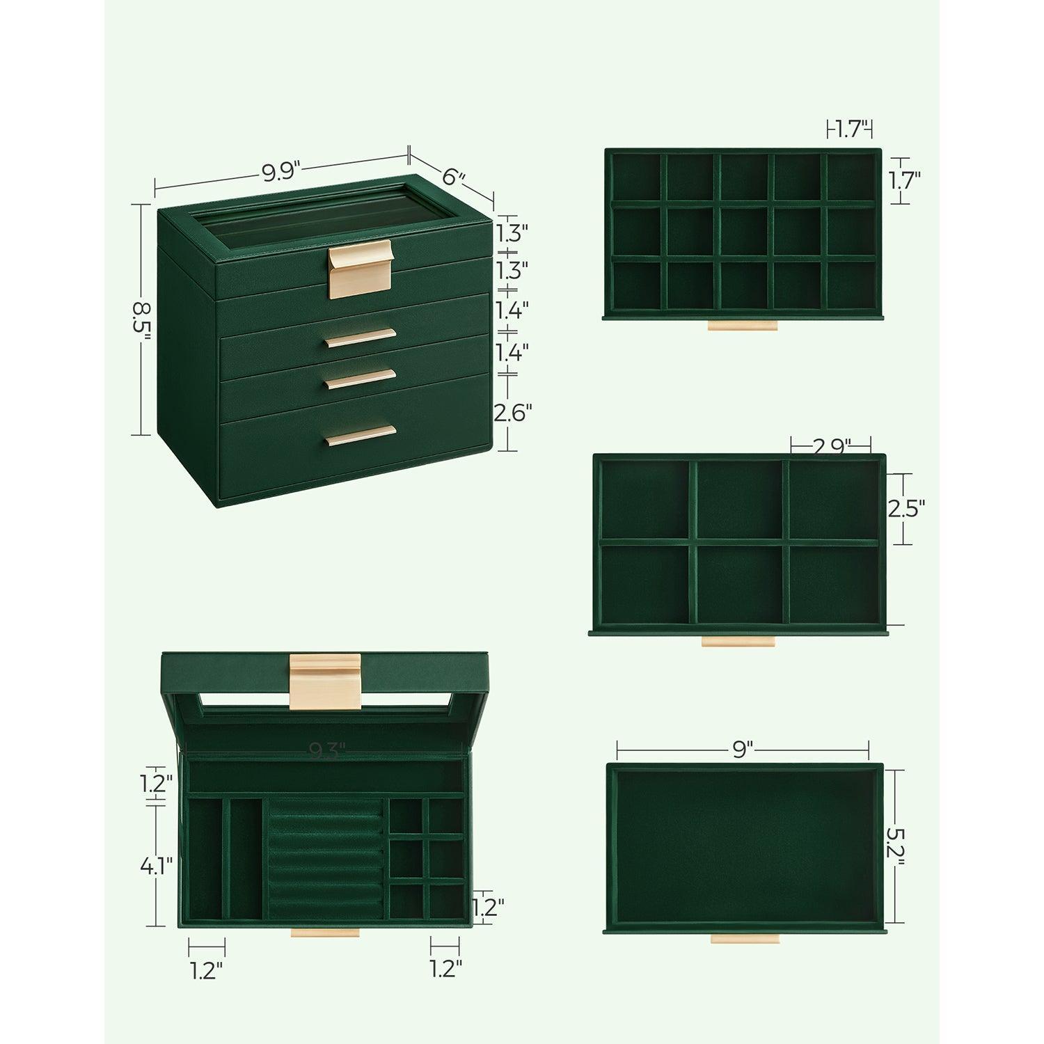 Jewelry Box with Glass Lid, 4-Layer Jewelry Organizer, 3 Drawers FredCo