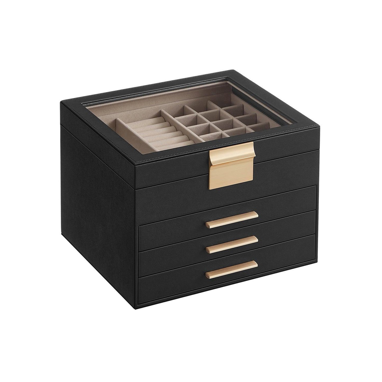 Jewelry Box with Glass Lid, 4-Layer Jewelry Organizer, 3 Drawers, for Big and Small Jewelry FredCo