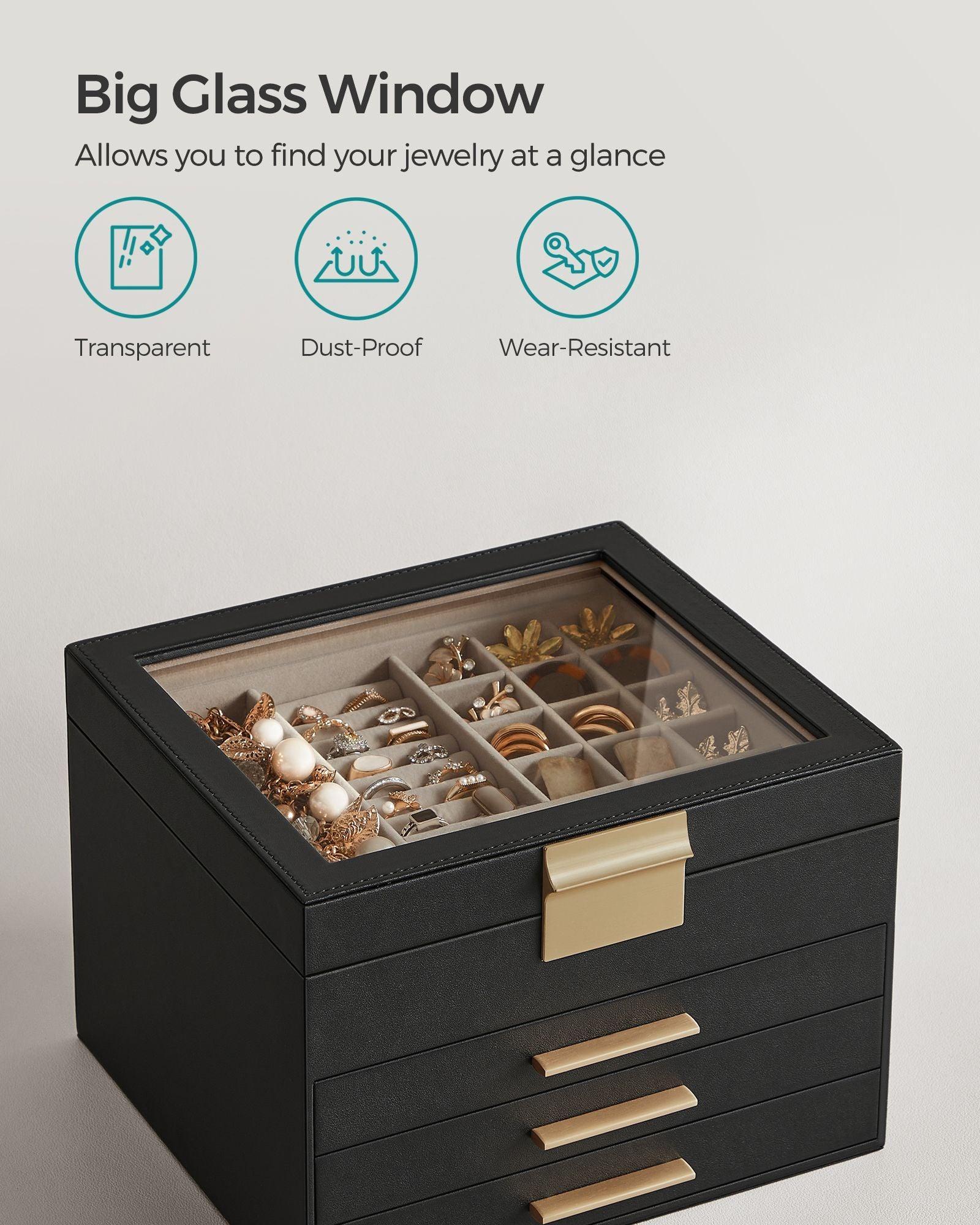 Jewelry Box with Glass Lid, 4-Layer Jewelry Organizer, 3 Drawers, for Big and Small Jewelry FredCo