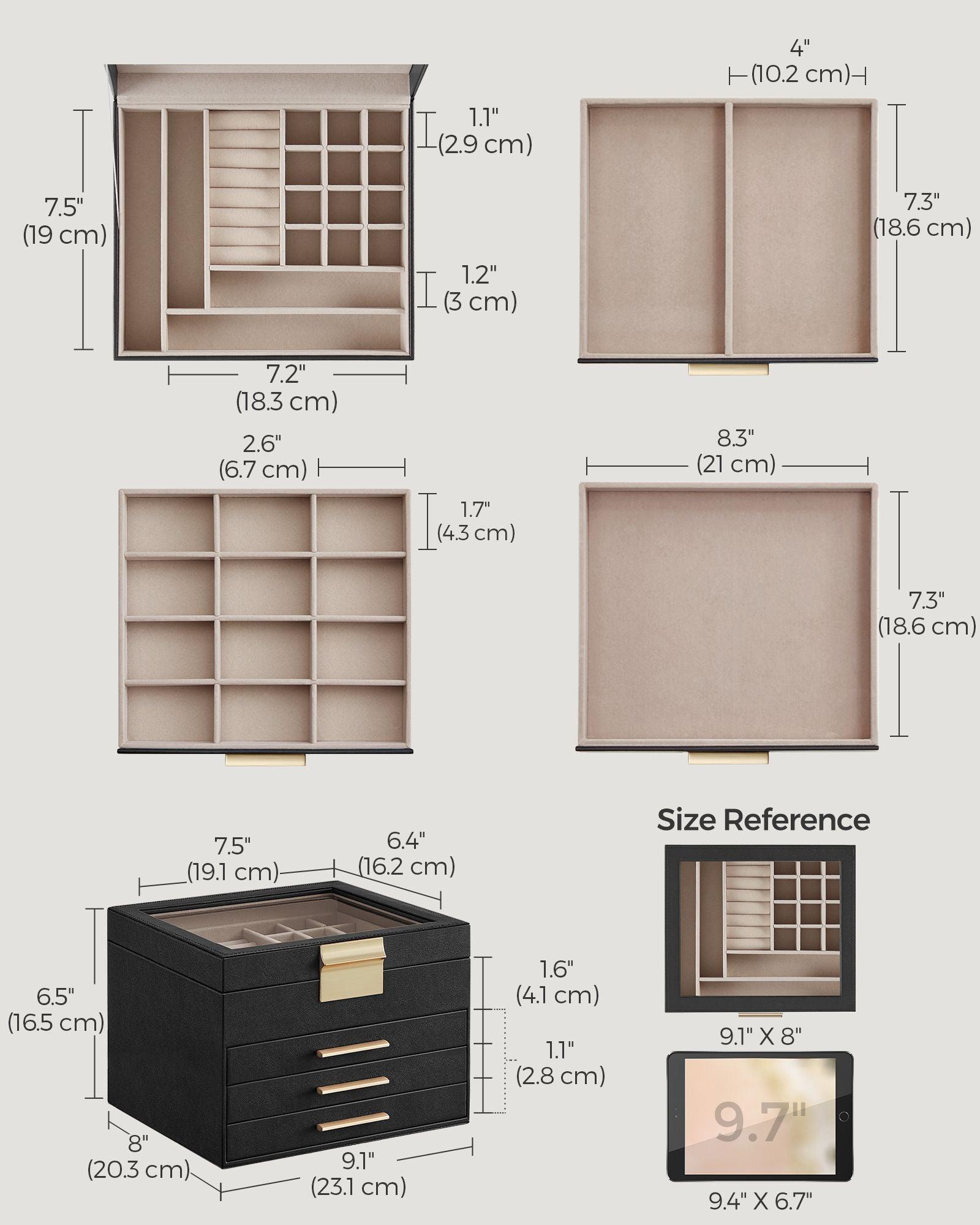 Jewelry Box with Glass Lid, 4-Layer Jewelry Organizer, 3 Drawers, for Big and Small Jewelry FredCo