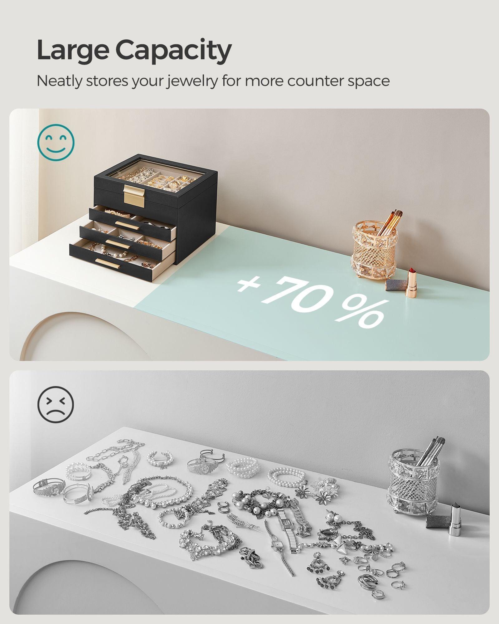 Jewelry Box with Glass Lid, 4-Layer Jewelry Organizer, 3 Drawers, for Big and Small Jewelry FredCo