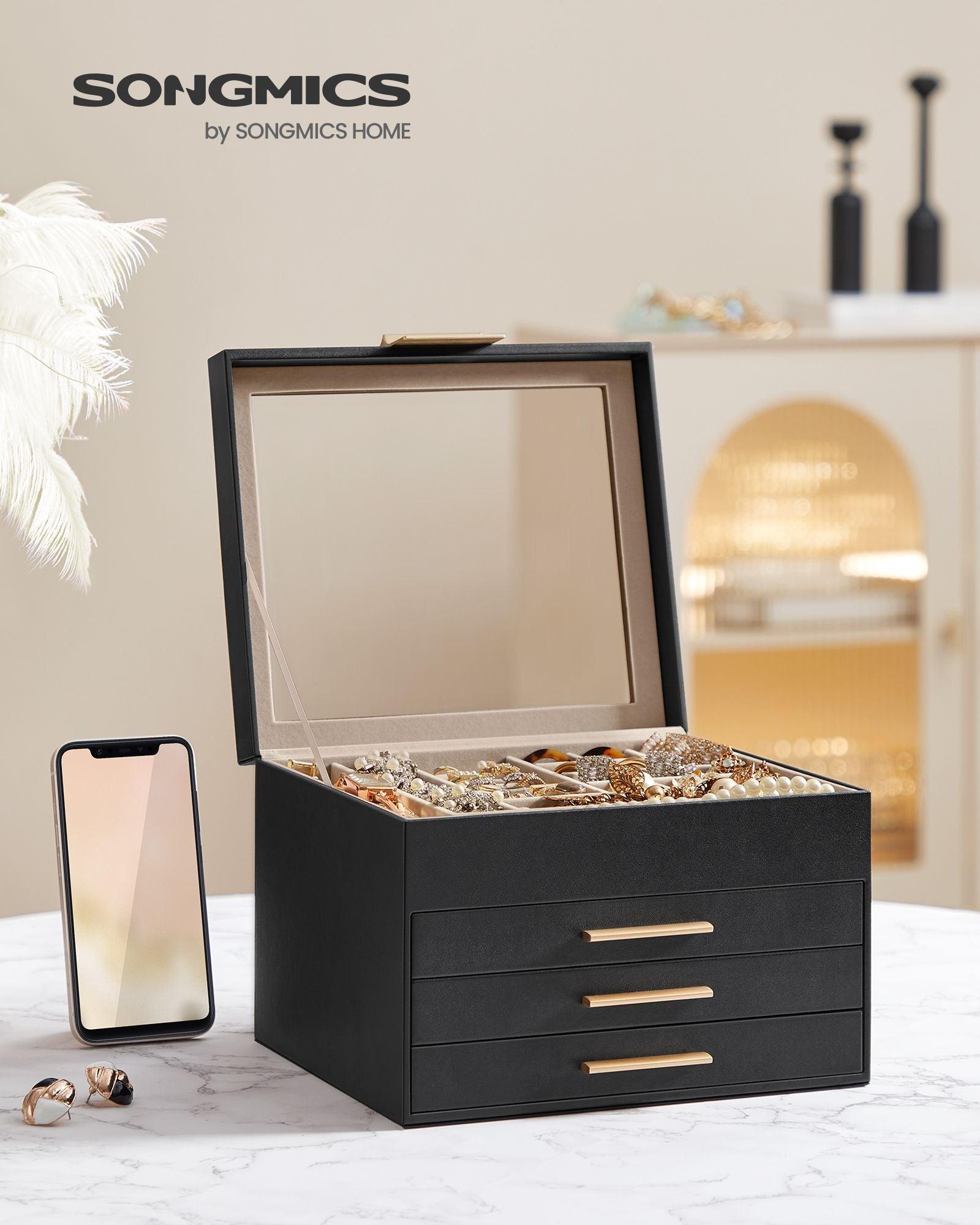 Jewelry Box with Glass Lid, 4-Layer Jewelry Organizer, 3 Drawers, for Big and Small Jewelry FredCo