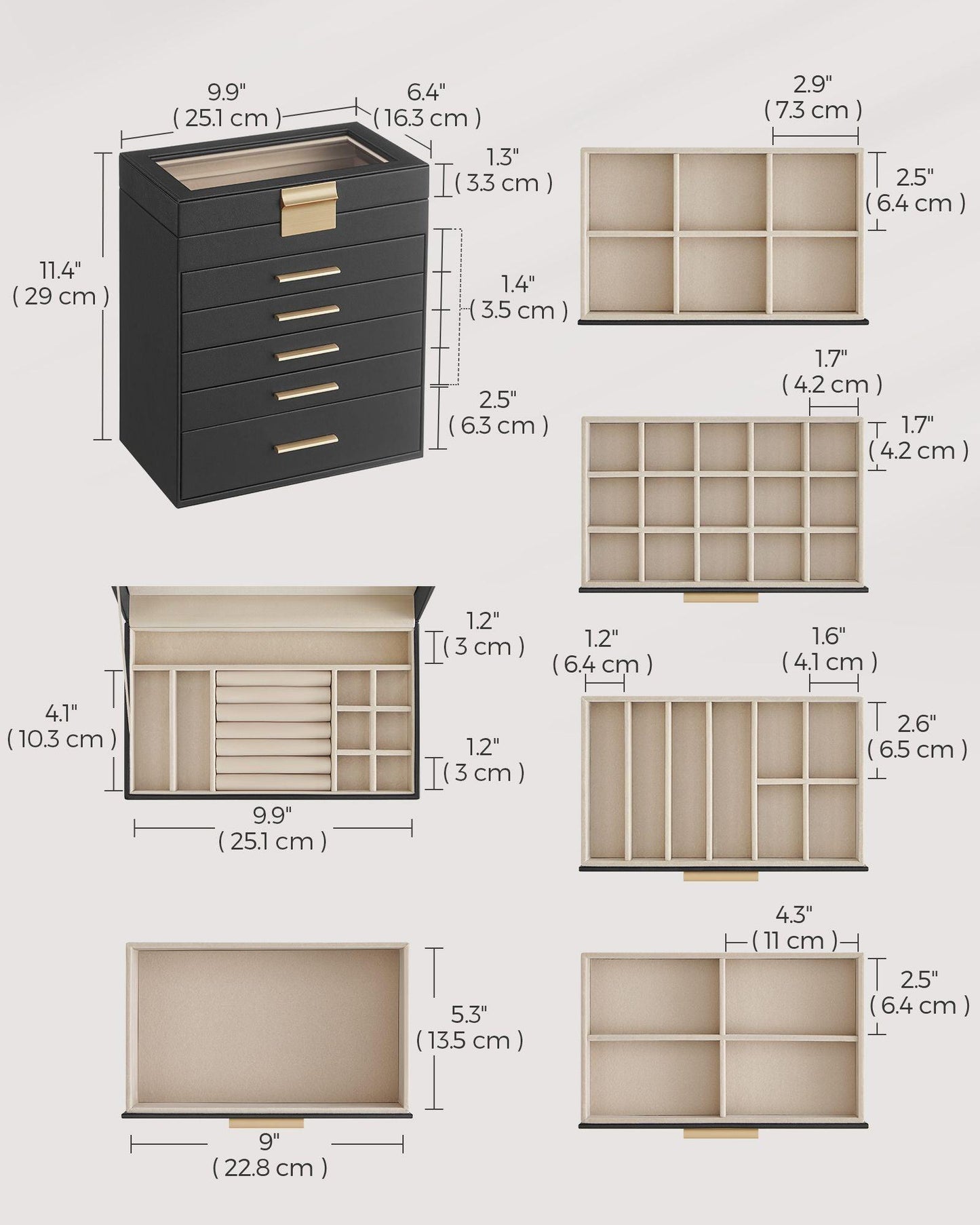 Jewelry Box with Glass Lid, 6-Layer Jewelry Organizer, 5 Drawers FredCo