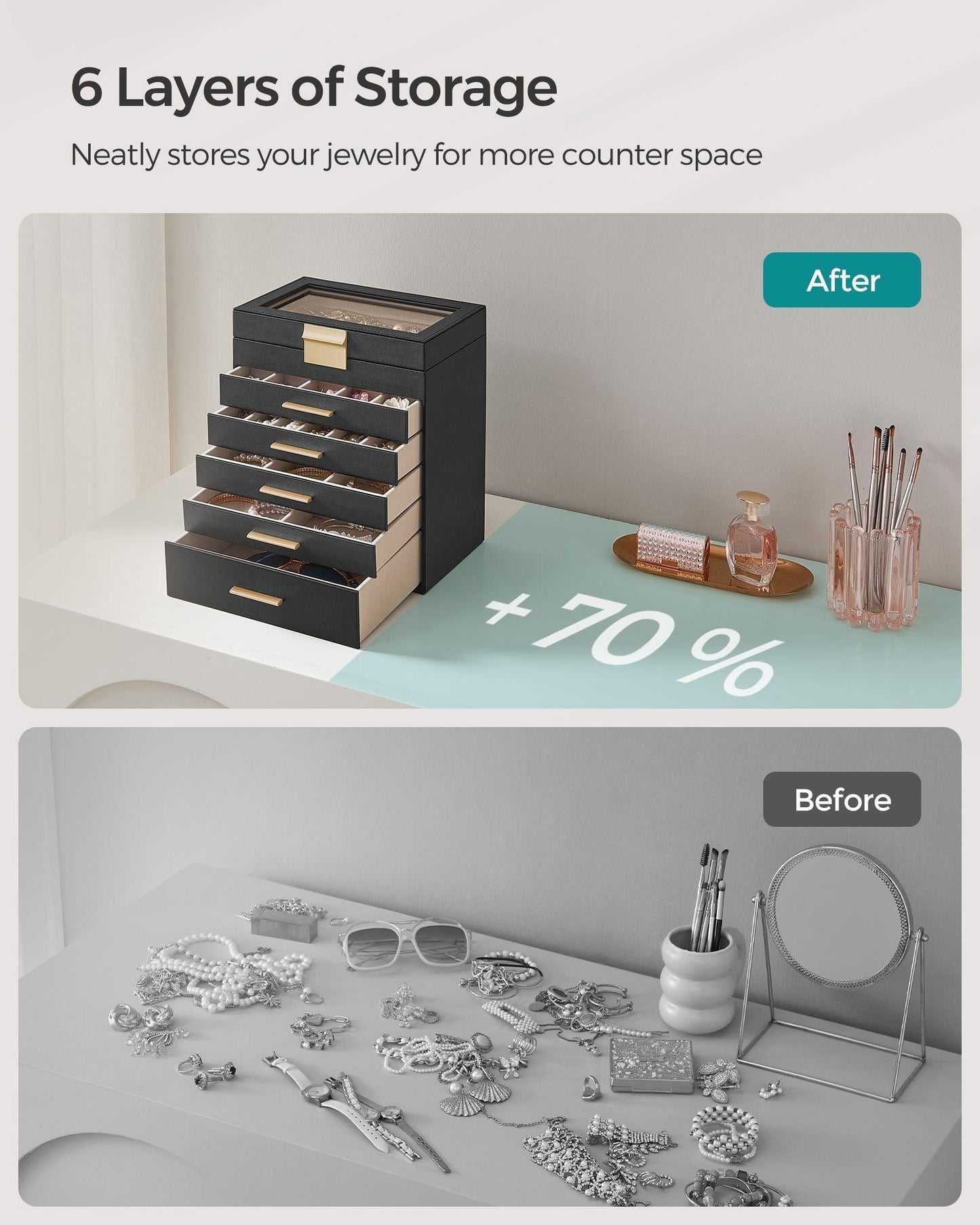 Jewelry Box with Glass Lid, 6-Layer Jewelry Organizer, 5 Drawers FredCo
