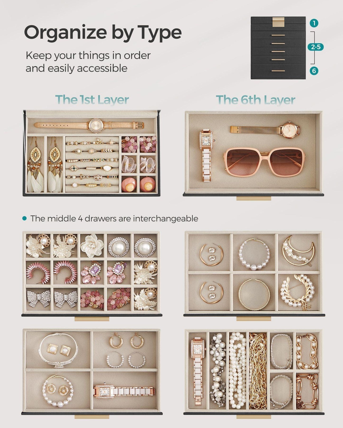 Jewelry Box with Glass Lid, 6-Layer Jewelry Organizer, 5 Drawers FredCo