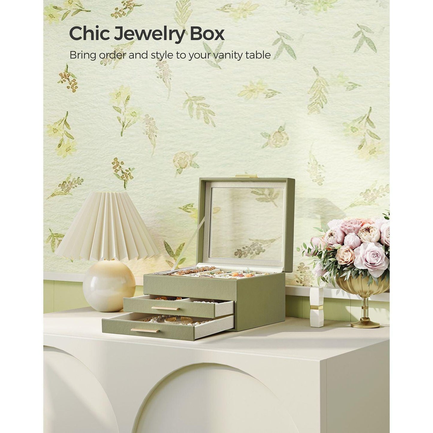 Jewelry Box with Glass Lid Avocado Green and Gold Color FredCo