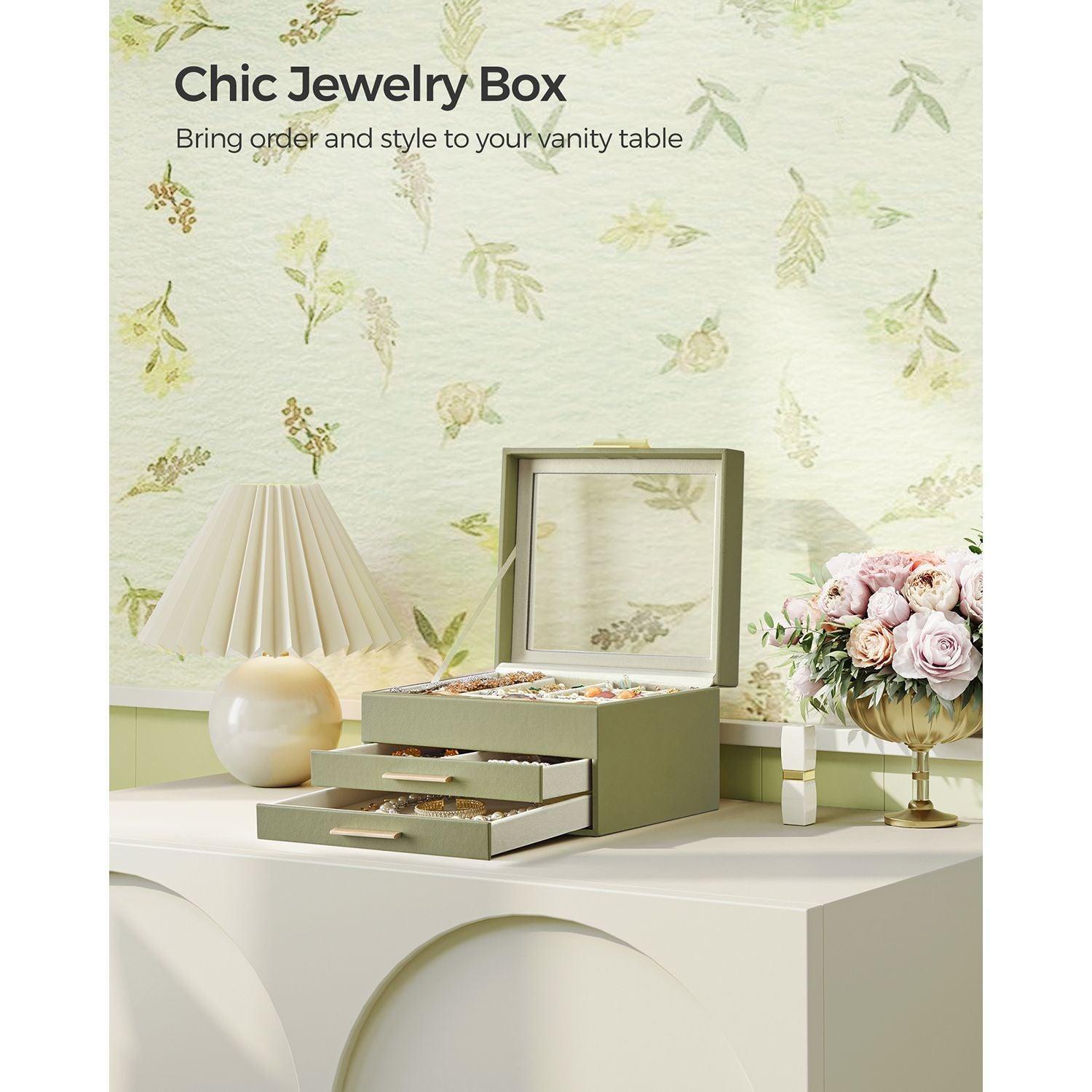 Jewelry Box with Glass Lid Avocado Green and Gold Color FredCo