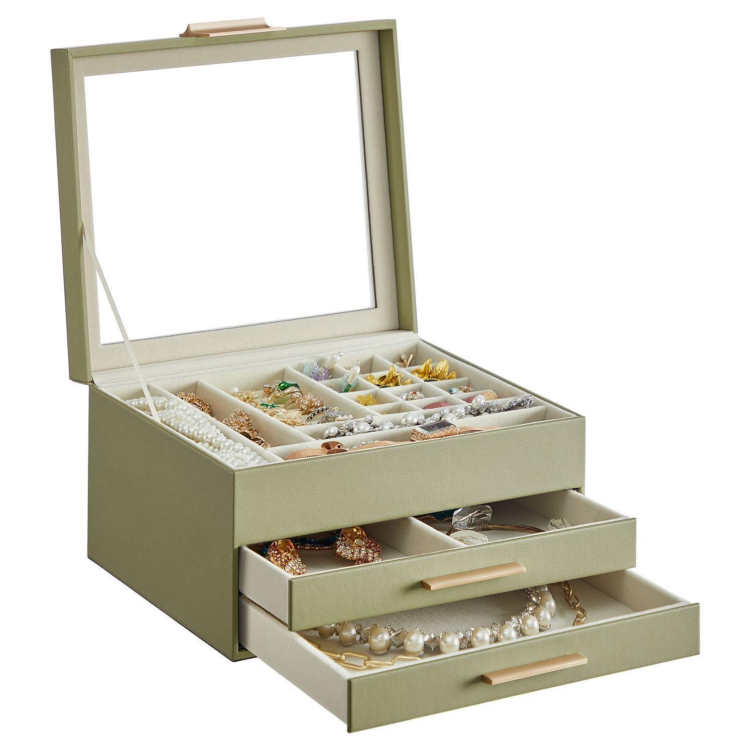 Jewelry Box with Glass Lid Avocado Green and Gold Color FredCo