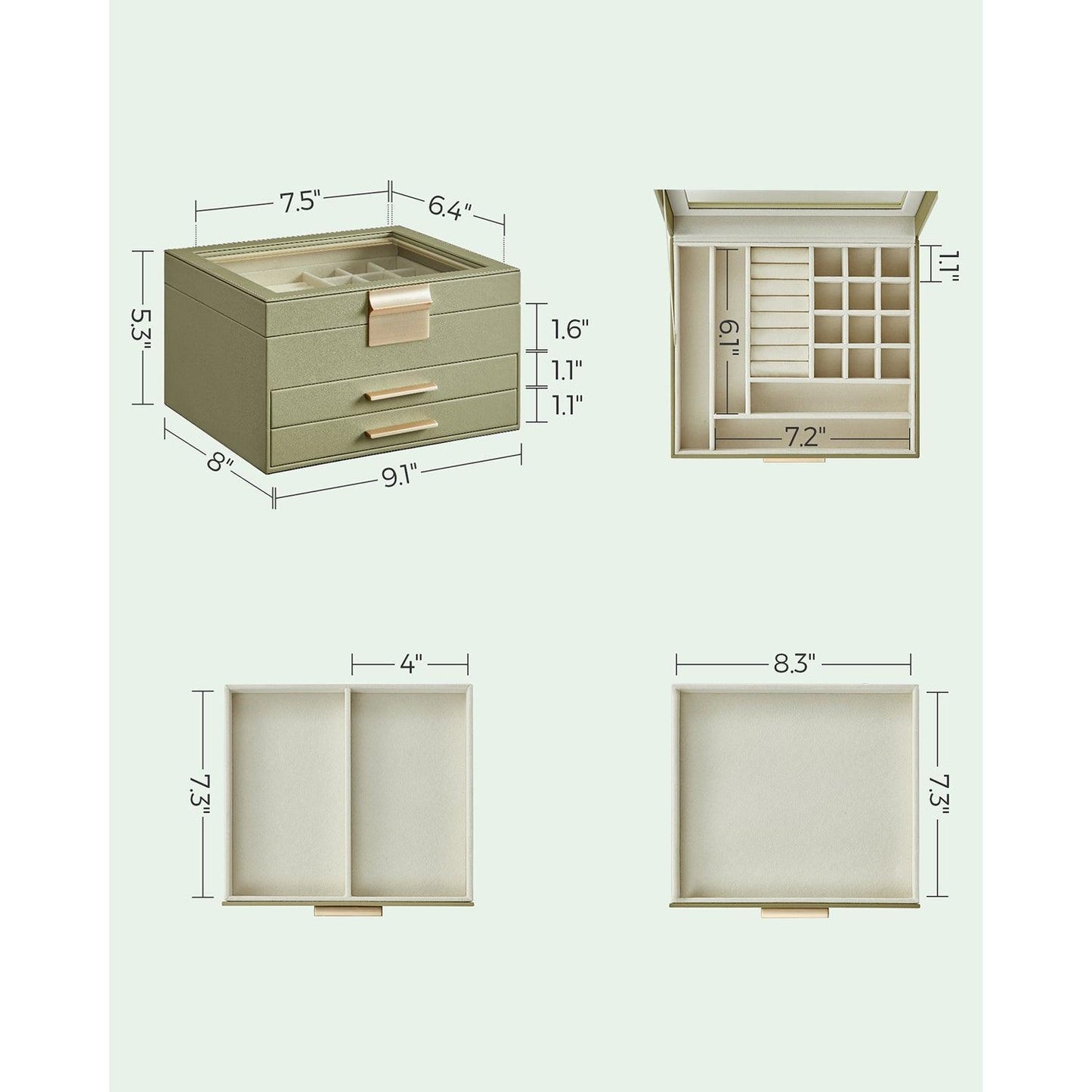 Jewelry Box with Glass Lid Avocado Green and Gold Color FredCo