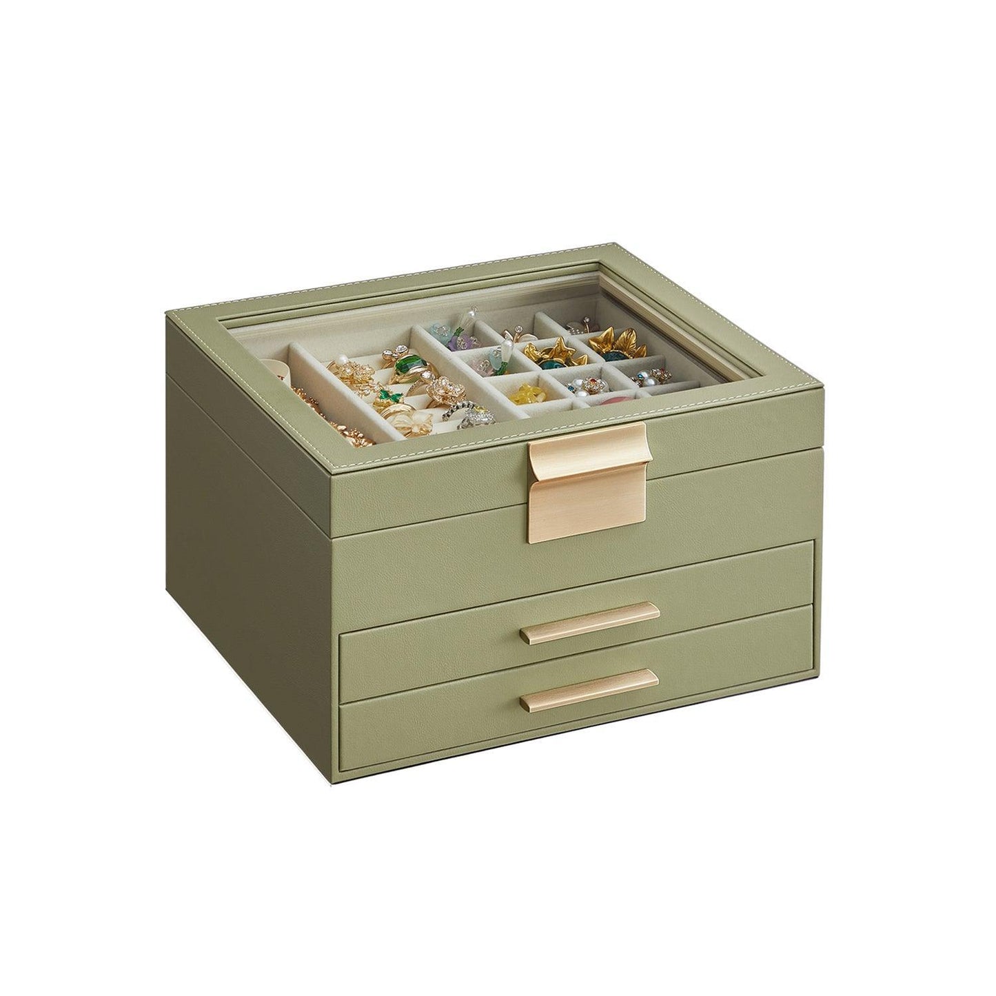 Jewelry Box with Glass Lid Avocado Green and Gold Color FredCo