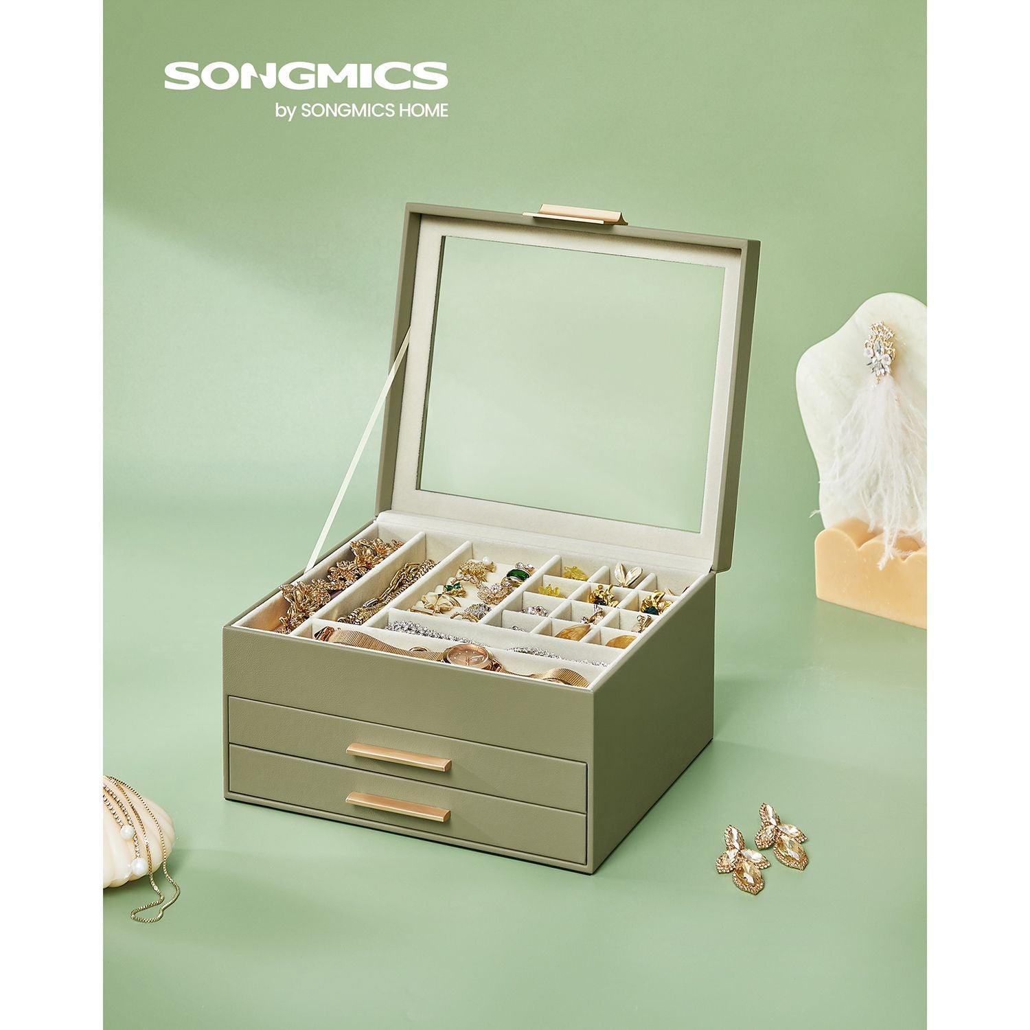 Jewelry Box with Glass Lid Avocado Green and Gold Color FredCo