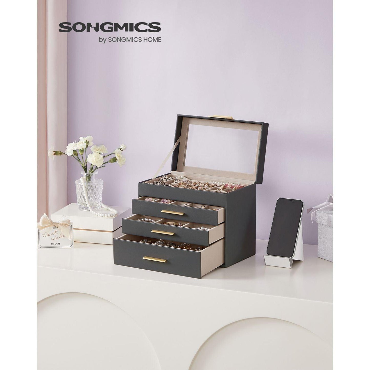 Jewelry Box with Glass Lid Gray and Gold Color FredCo