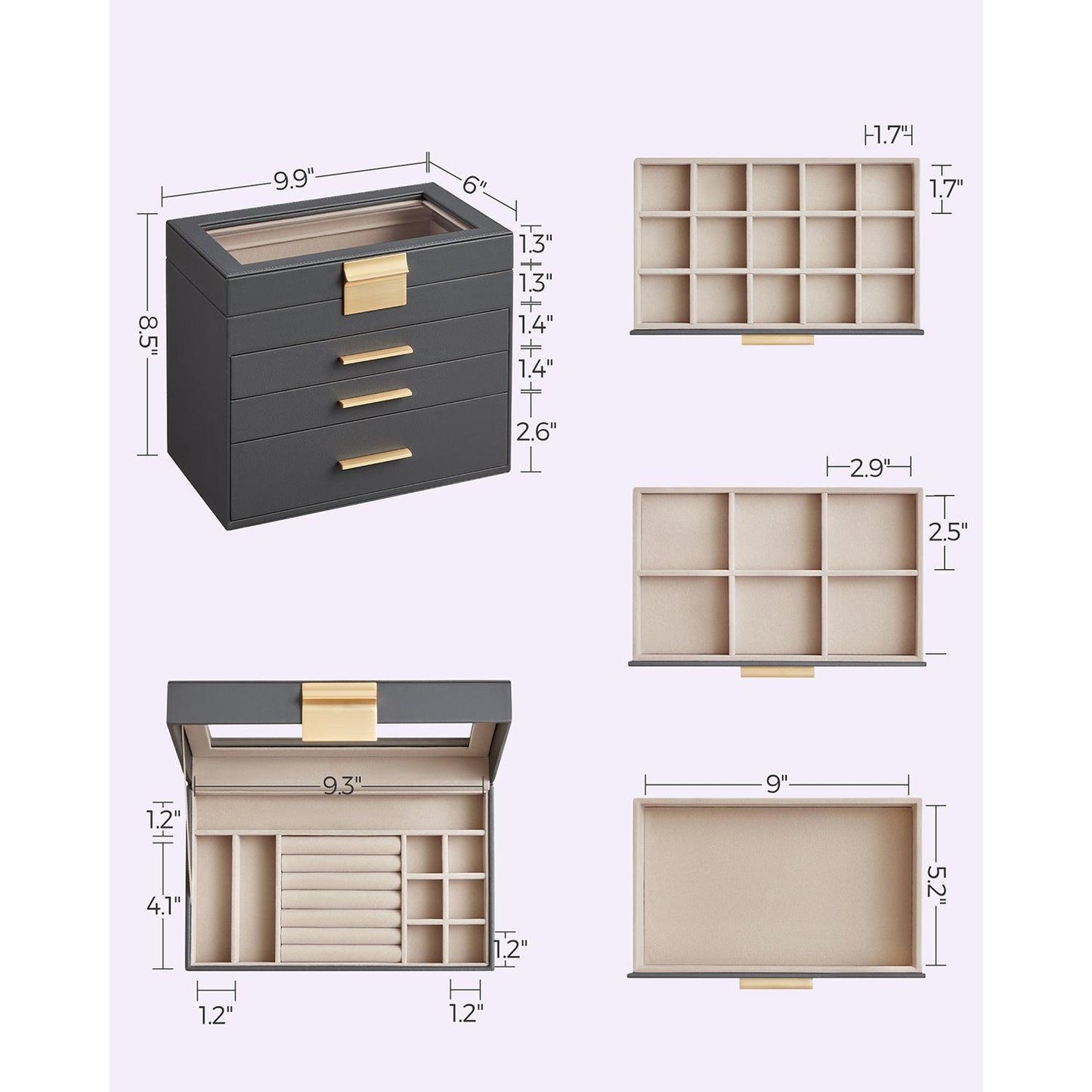 Jewelry Box with Glass Lid Gray and Gold Color FredCo