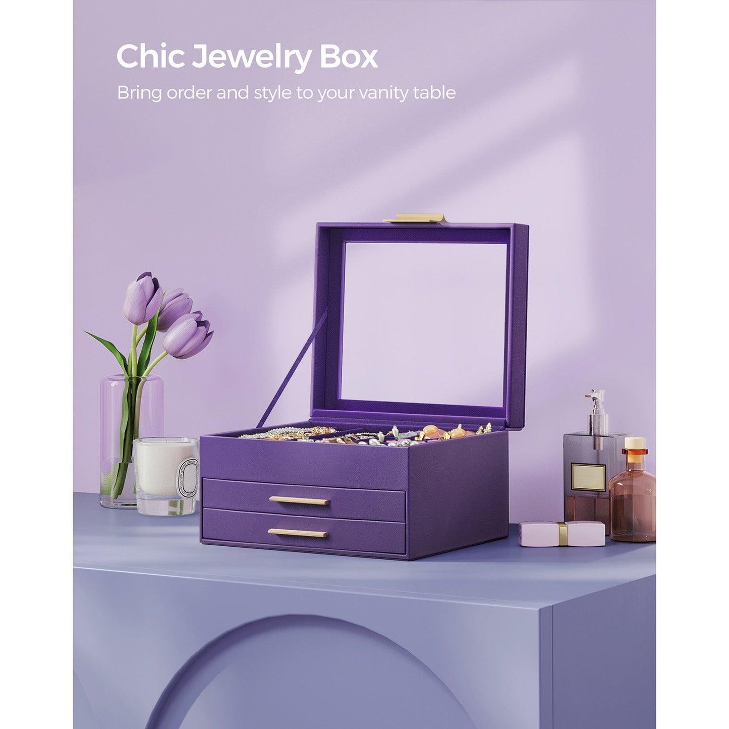 Jewelry Box with Glass Lid Purple and Gold Color FredCo