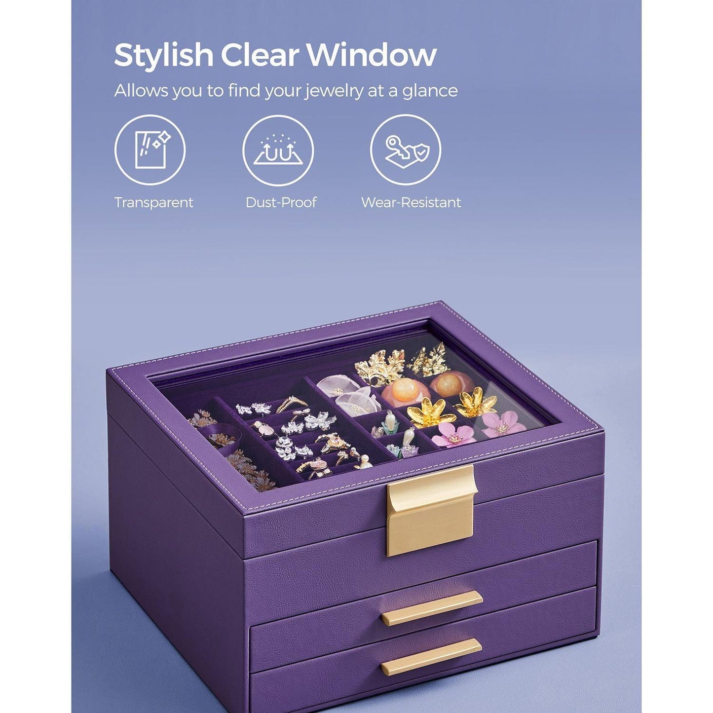 Jewelry Box with Glass Lid Purple and Gold Color FredCo