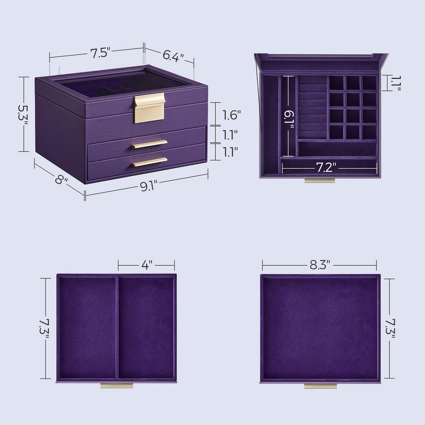 Jewelry Box with Glass Lid Purple and Gold Color FredCo