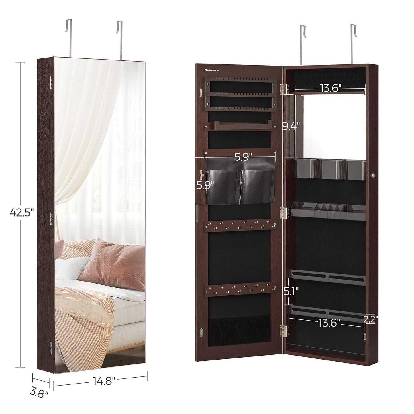Jewelry Cabinet Armoire with Mirror Brown FredCo
