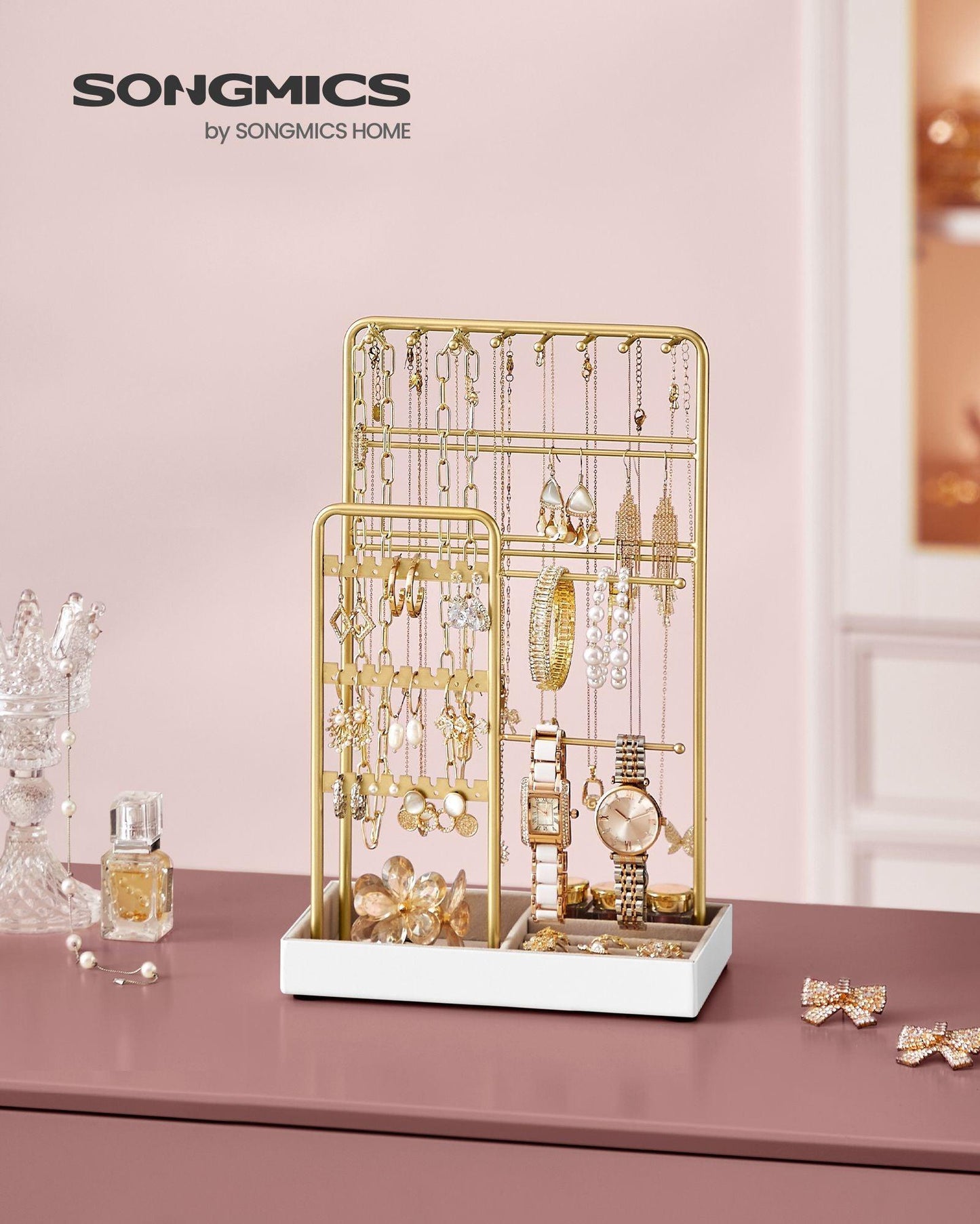 Jewelry Holder with Metal Frame and Velvet Tray Gold Color FredCo