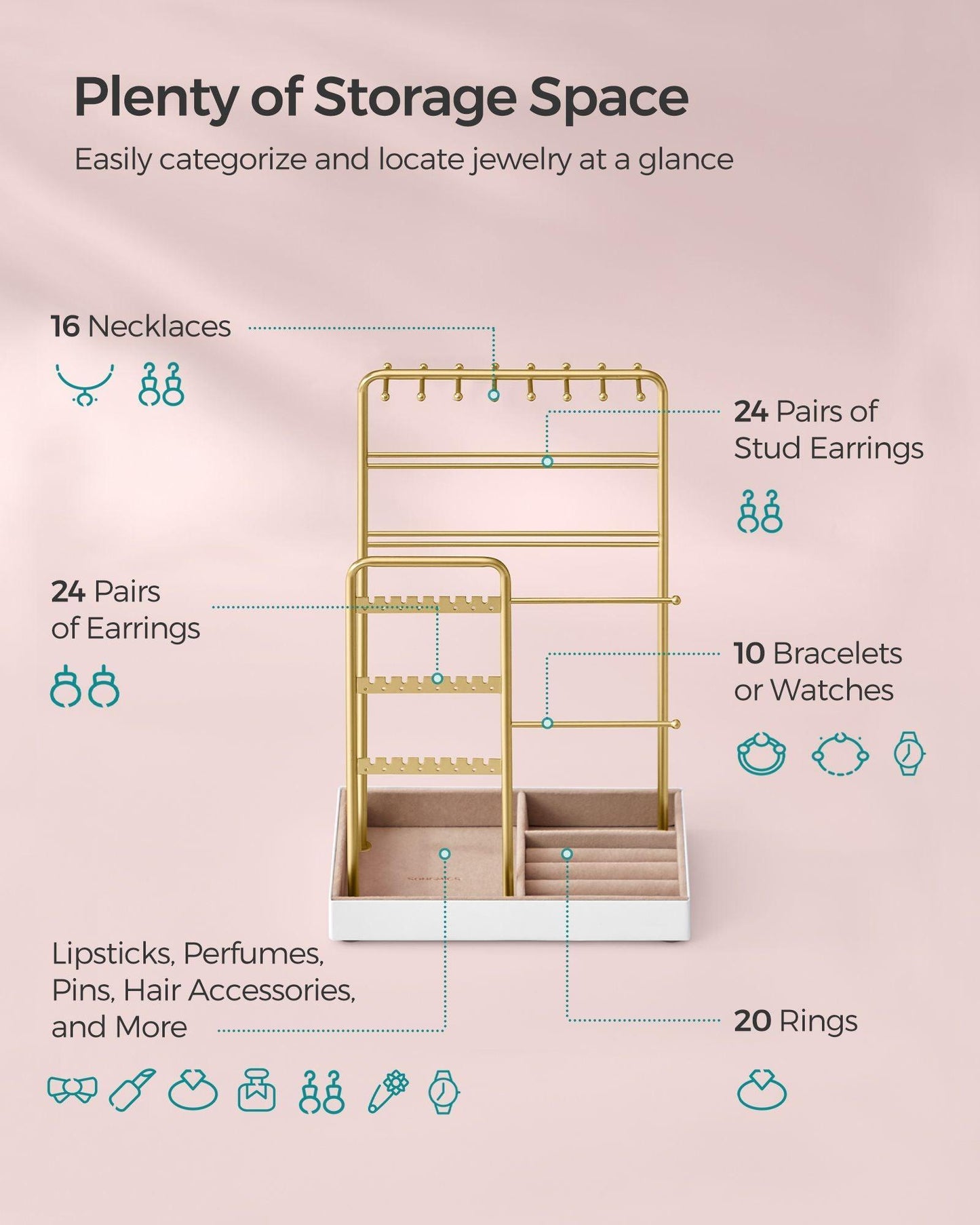 Jewelry Holder with Metal Frame and Velvet Tray Gold Color FredCo