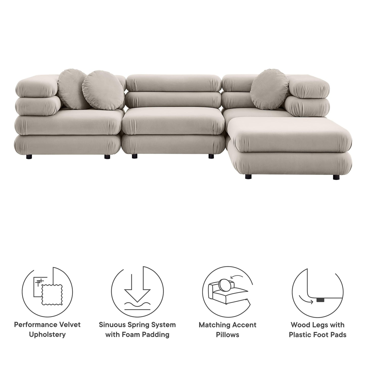 Jubilee 4-Piece Modular Performance Velvet Sectional Sofa by Modway FredCo