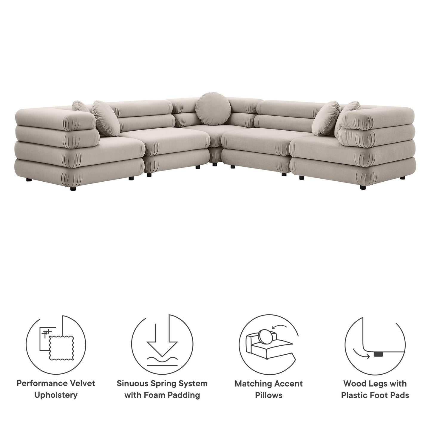Jubilee 5-Piece Modular Performance Velvet Sectional Sofa by Modway FredCo