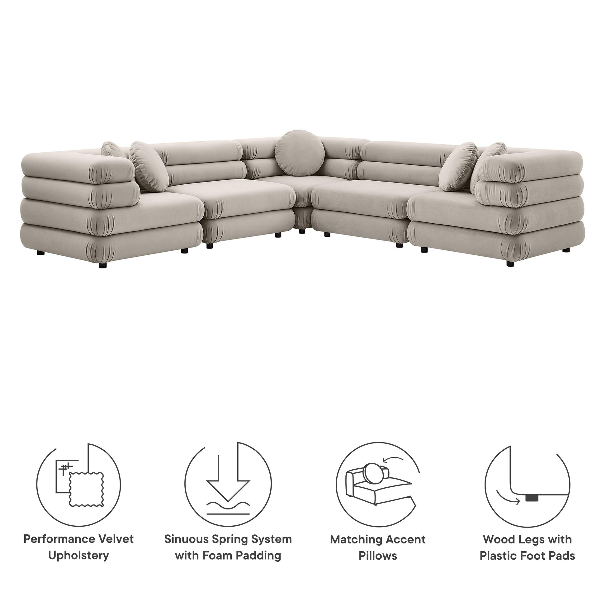 Jubilee 5-Piece Modular Performance Velvet Sectional Sofa by Modway FredCo