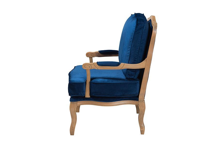 Jules Traditional Navy Blue Fabric and French Oak Brown Finished Wood Accent Chair FredCo