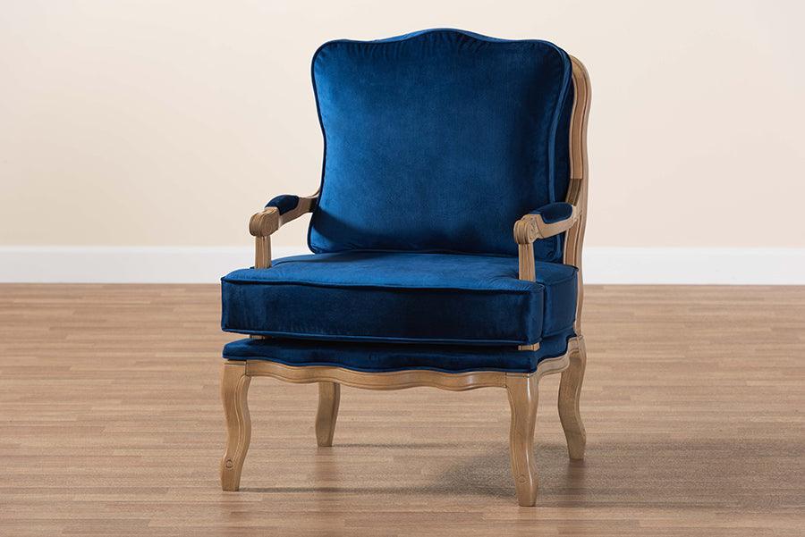 Jules Traditional Navy Blue Fabric and French Oak Brown Finished Wood Accent Chair FredCo