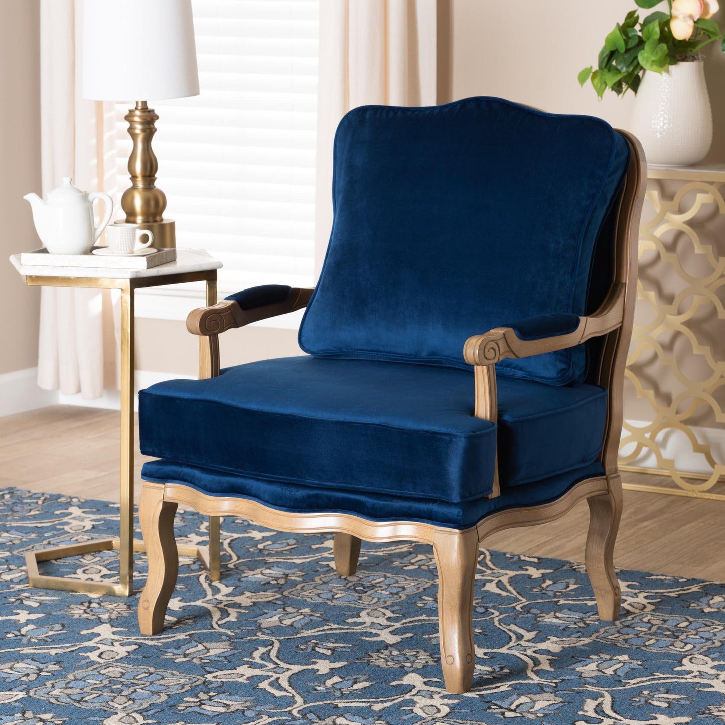 Jules Traditional Navy Blue Fabric and French Oak Brown Finished Wood Accent Chair FredCo