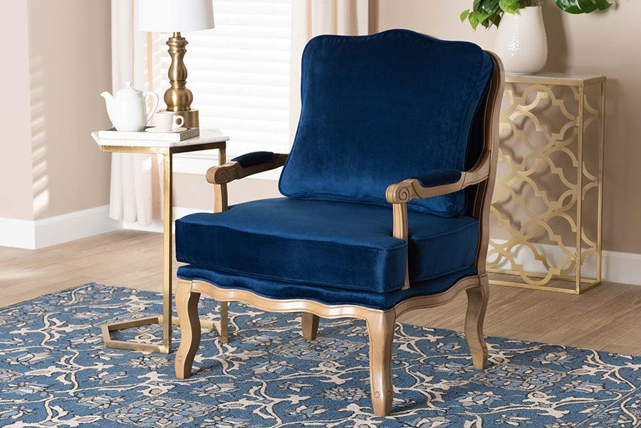 Jules Traditional Navy Blue Fabric and French Oak Brown Finished Wood Accent Chair FredCo