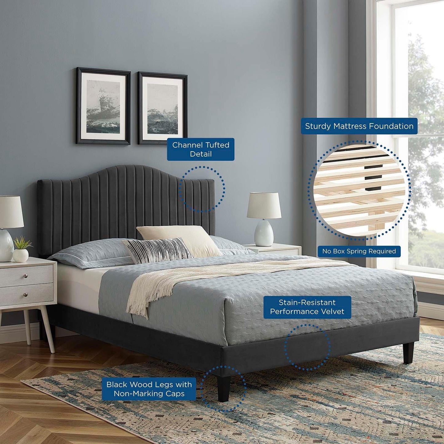 Juniper Channel Tufted Performance Velvet Queen Platform Bed, MOD-6741 FredCo