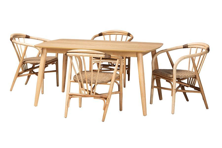 Kyoto Modern Bohemian Natural Brown Finished Wood and Rattan 5-Piece Dining Set FredCo