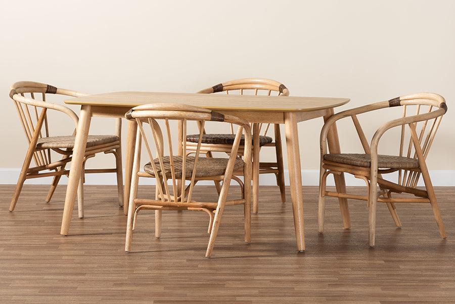 Kyoto Modern Bohemian Natural Brown Finished Wood and Rattan 5-Piece Dining Set FredCo