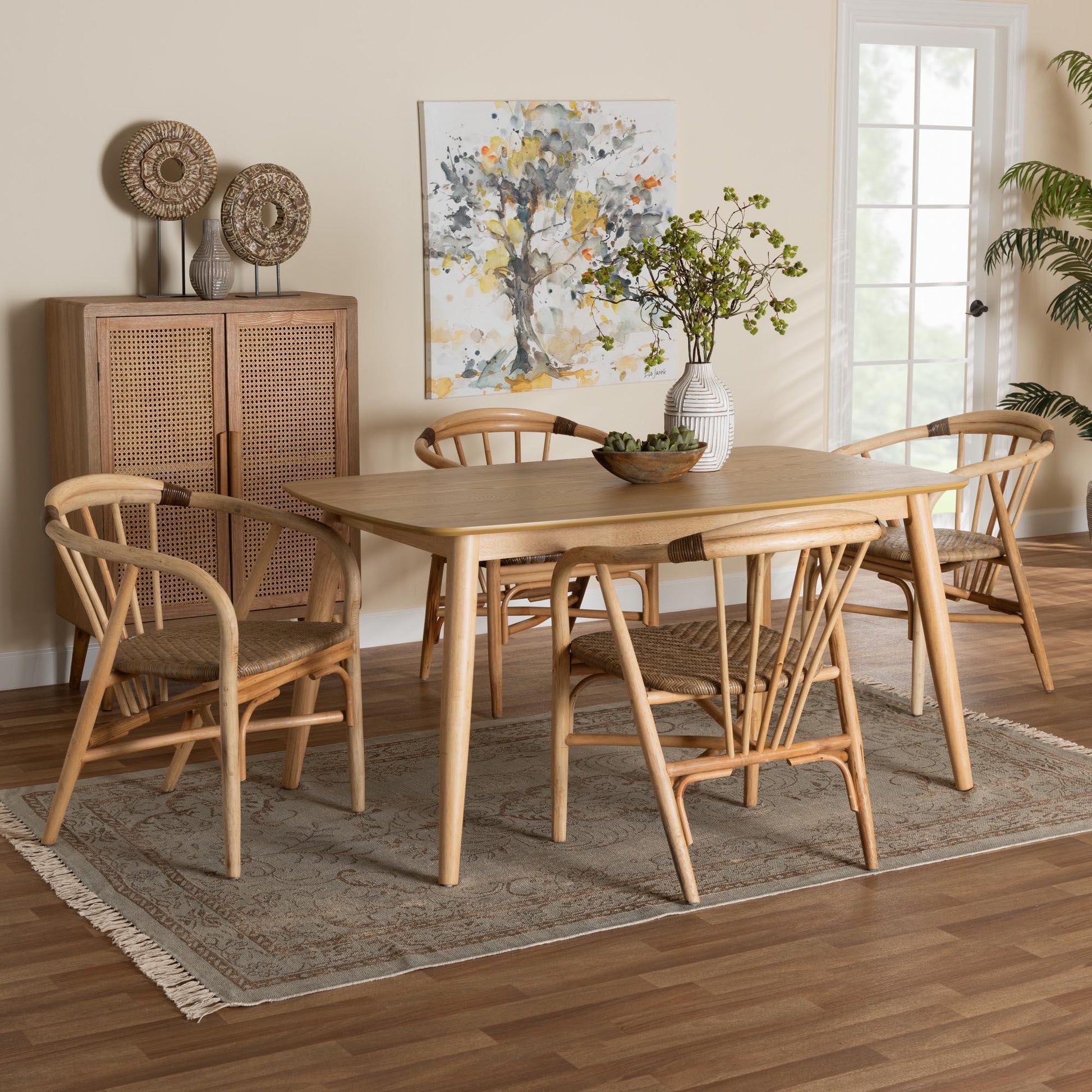 Kyoto Modern Bohemian Natural Brown Finished Wood and Rattan 5-Piece Dining Set FredCo