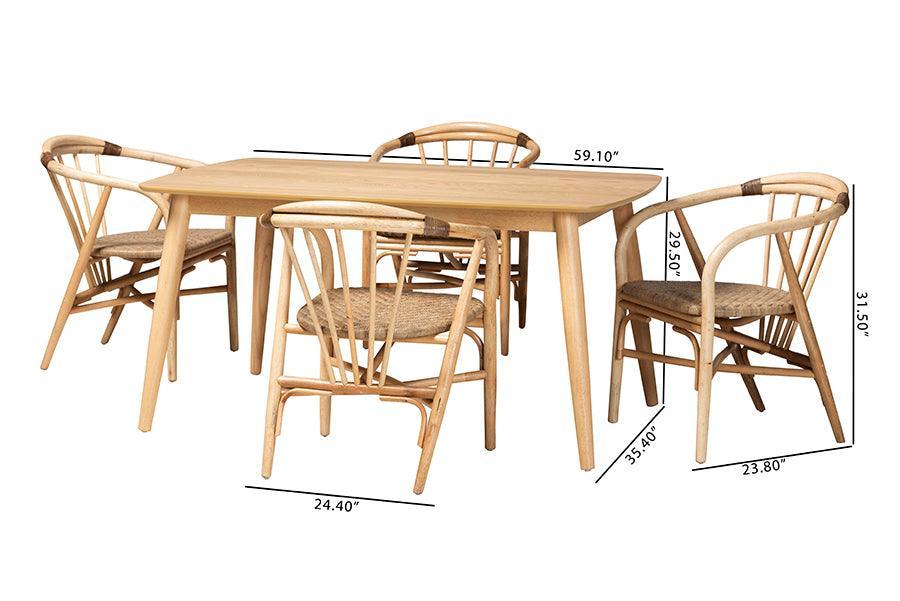 Kyoto Modern Bohemian Natural Brown Finished Wood and Rattan 5-Piece Dining Set FredCo