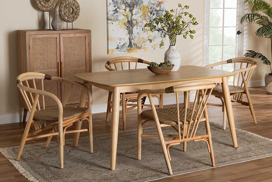 Kyoto Modern Bohemian Natural Brown Finished Wood and Rattan 5-Piece Dining Set FredCo
