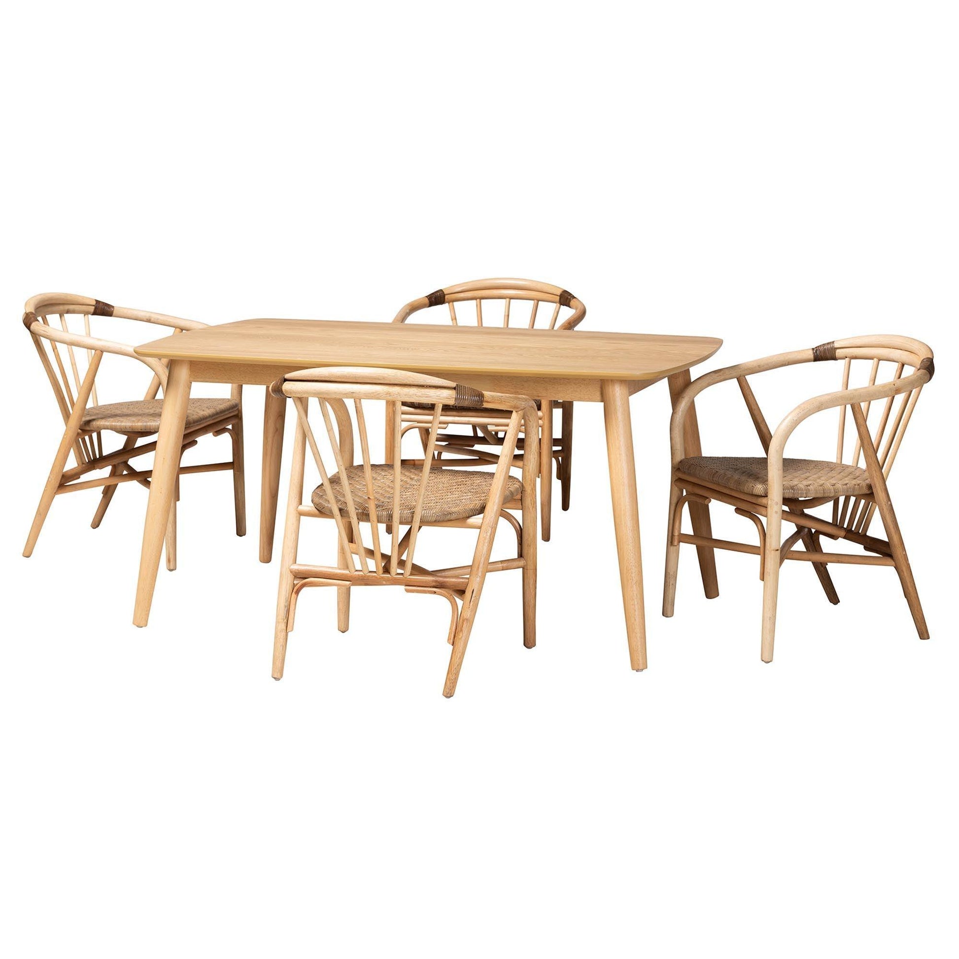 Kyoto Modern Bohemian Natural Brown Finished Wood and Rattan 5-Piece Dining Set FredCo
