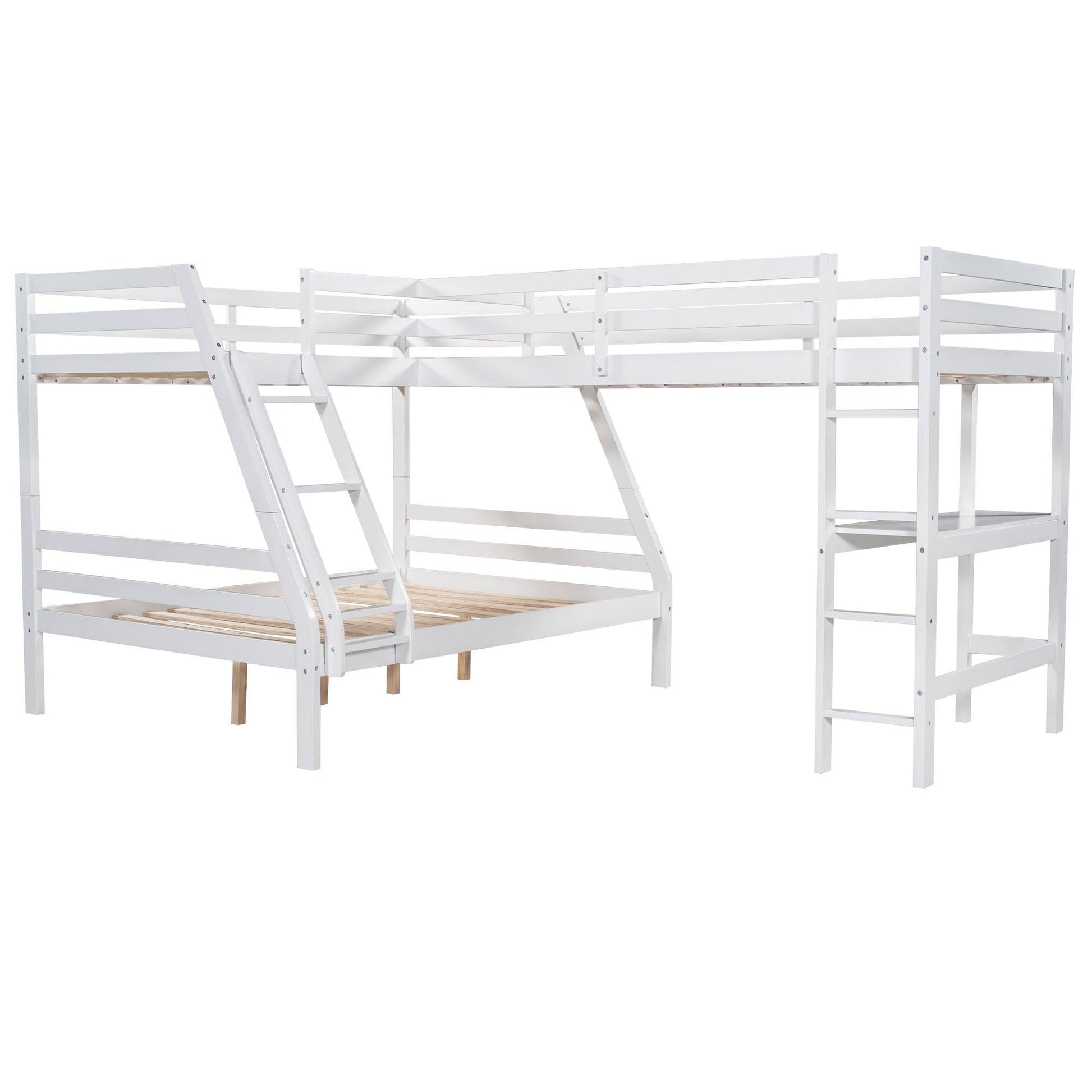 L-Shaped Twin over Full Bunk Bed and Twin Size Loft Bed with Built-in Desk,White FredCo