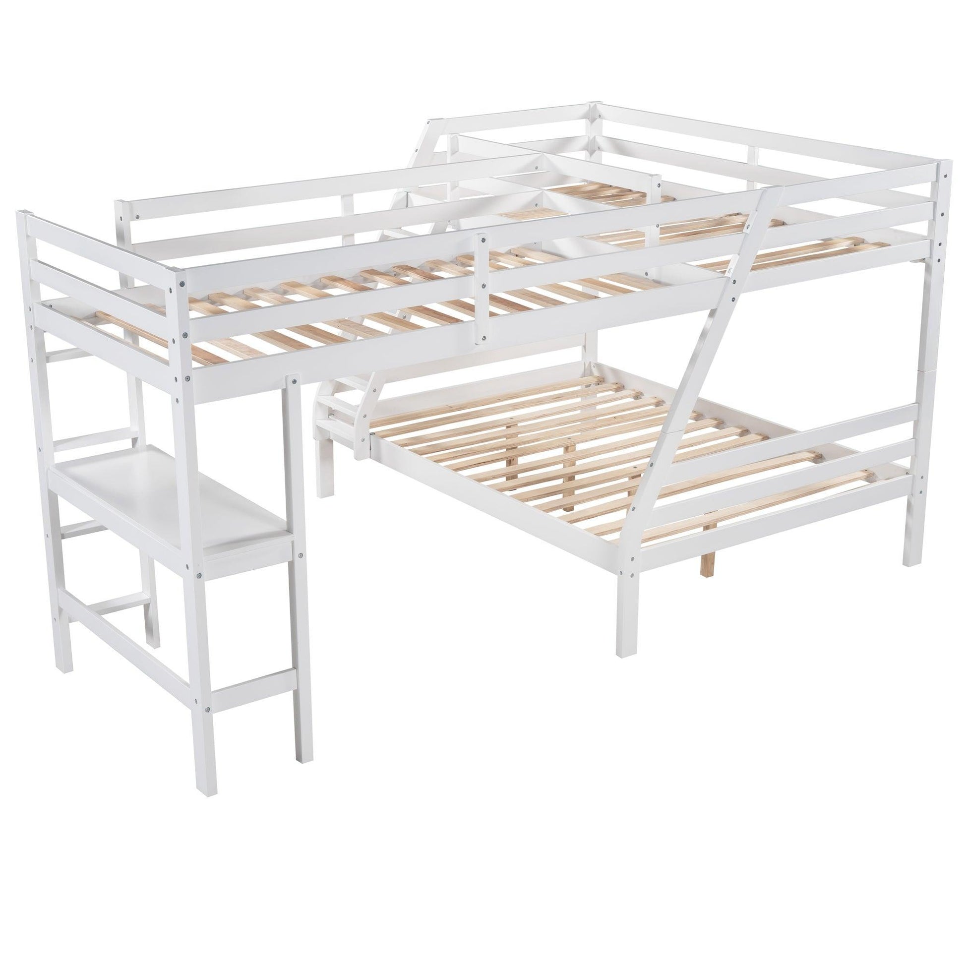 L-Shaped Twin over Full Bunk Bed and Twin Size Loft Bed with Built-in Desk,White FredCo