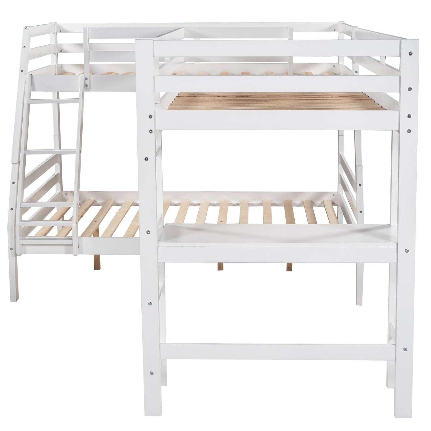L-Shaped Twin over Full Bunk Bed and Twin Size Loft Bed with Built-in Desk,White FredCo