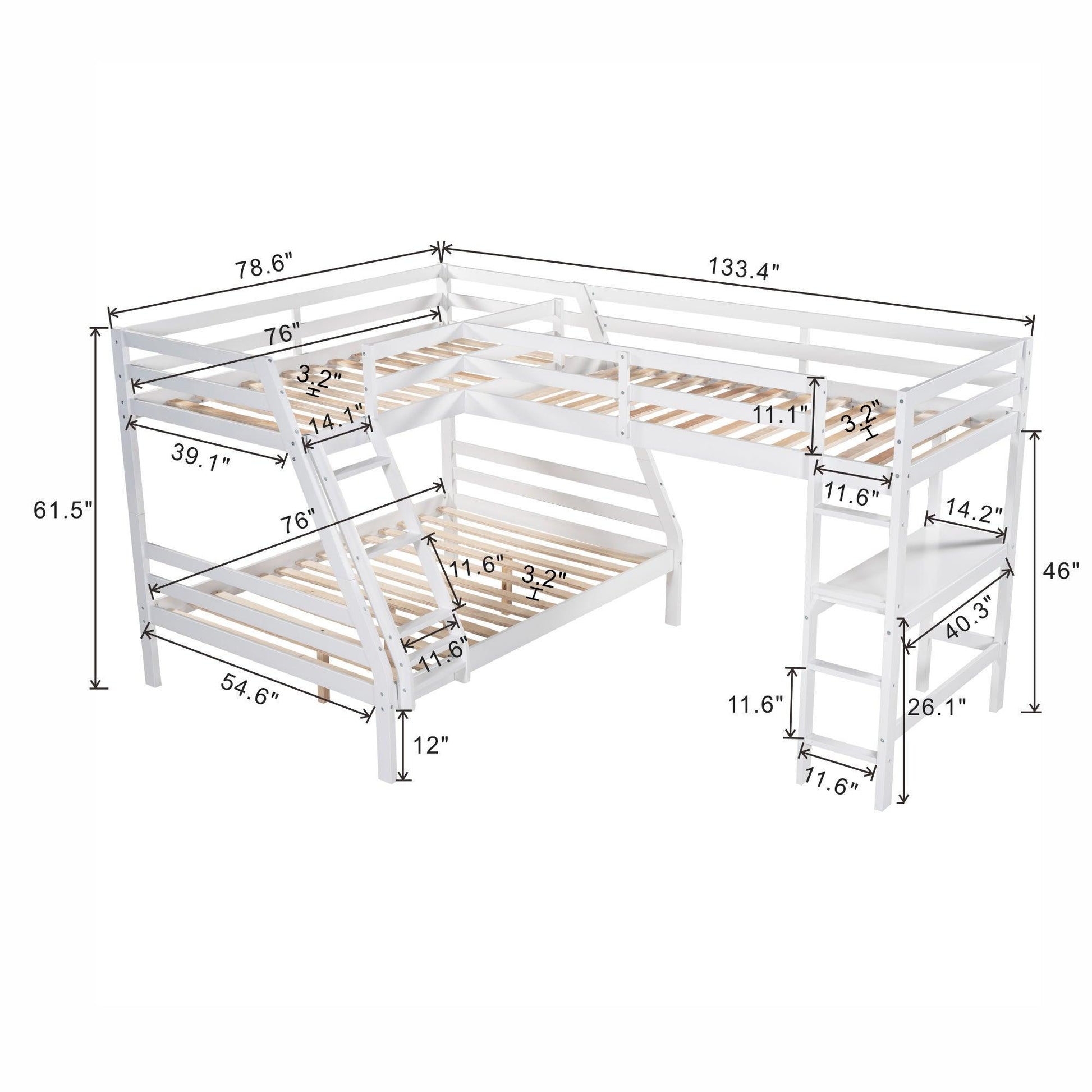 L-Shaped Twin over Full Bunk Bed and Twin Size Loft Bed with Built-in Desk,White FredCo